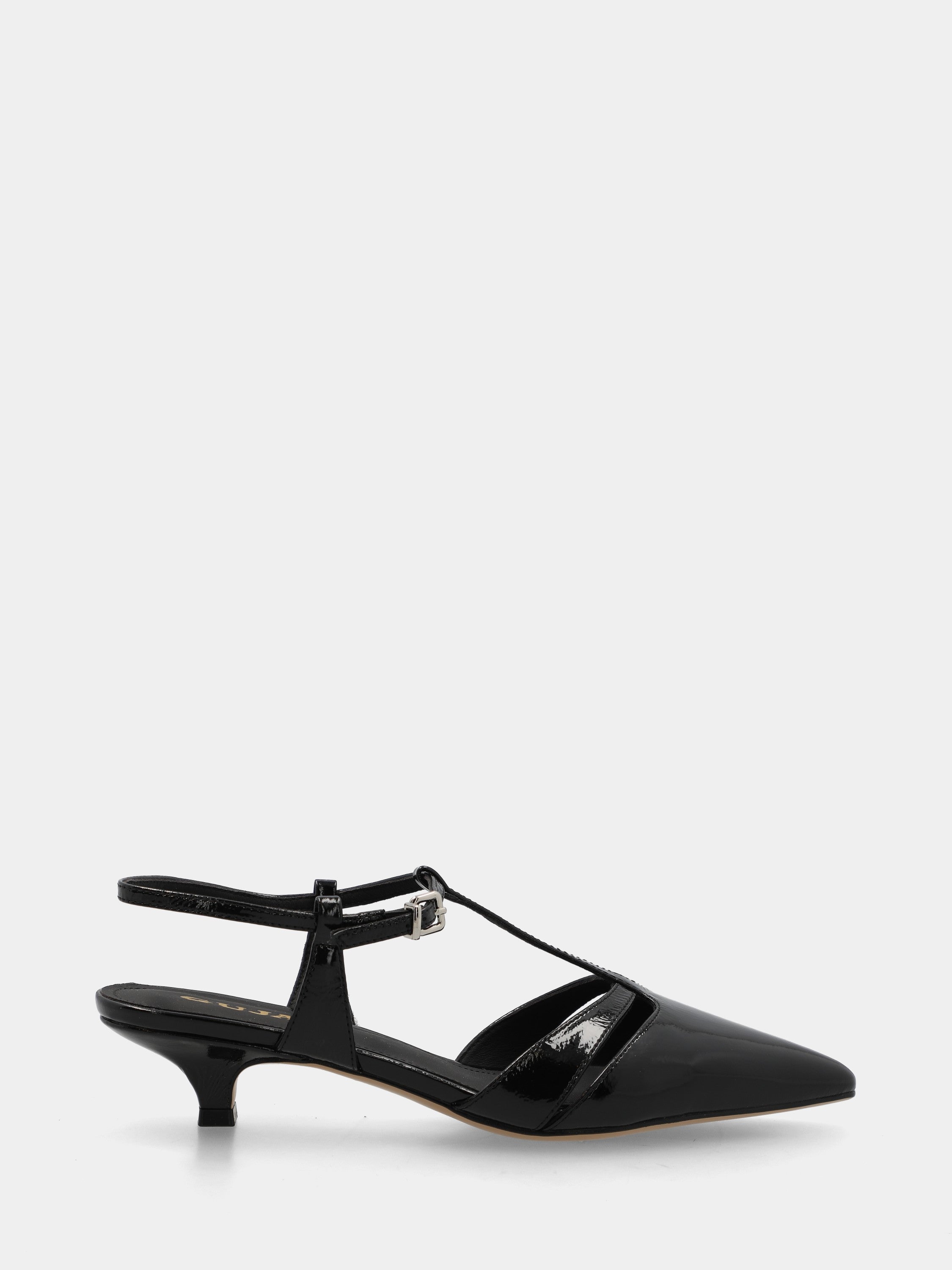 Slingback aus glänzender Samt in Schwarz mit Kelchabsatz und durchbrochenem Charleston-Obermaterial