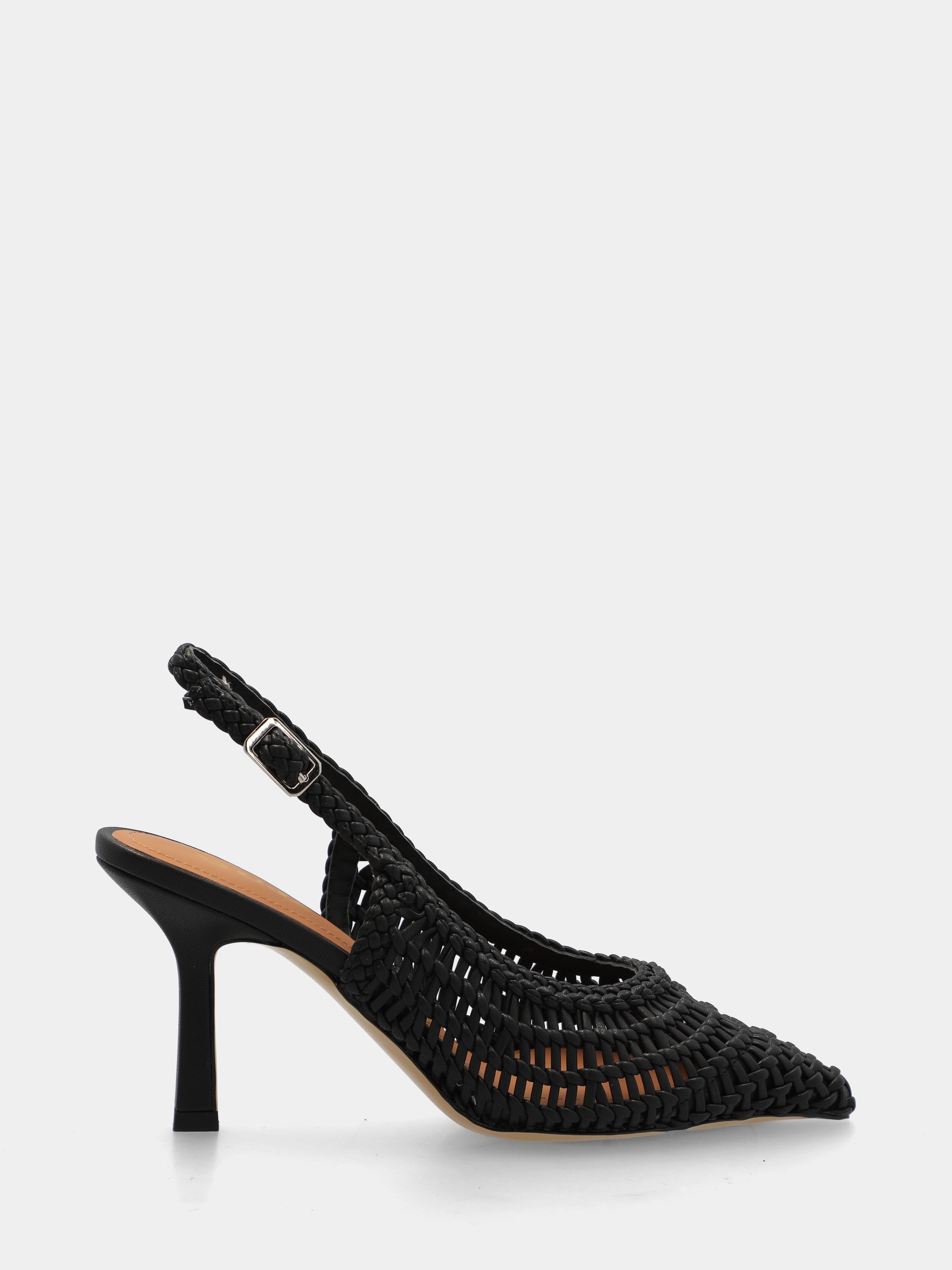 Slingback aus schwarzem Kunstleder, geflochten, mit hohlem Absatz