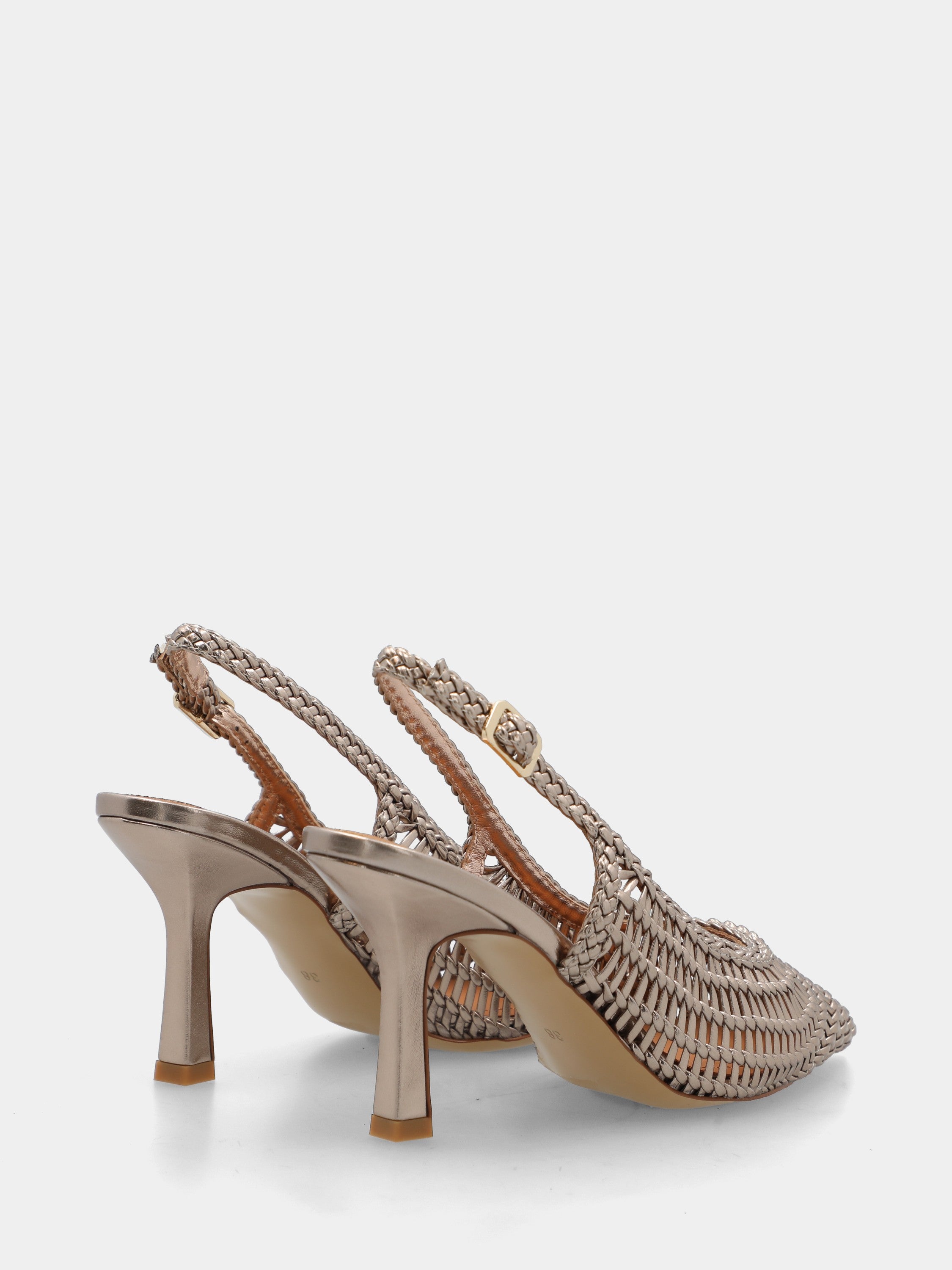 Slingback aus geflochtenem Kunstleder in Platin mit hohlem Absatz