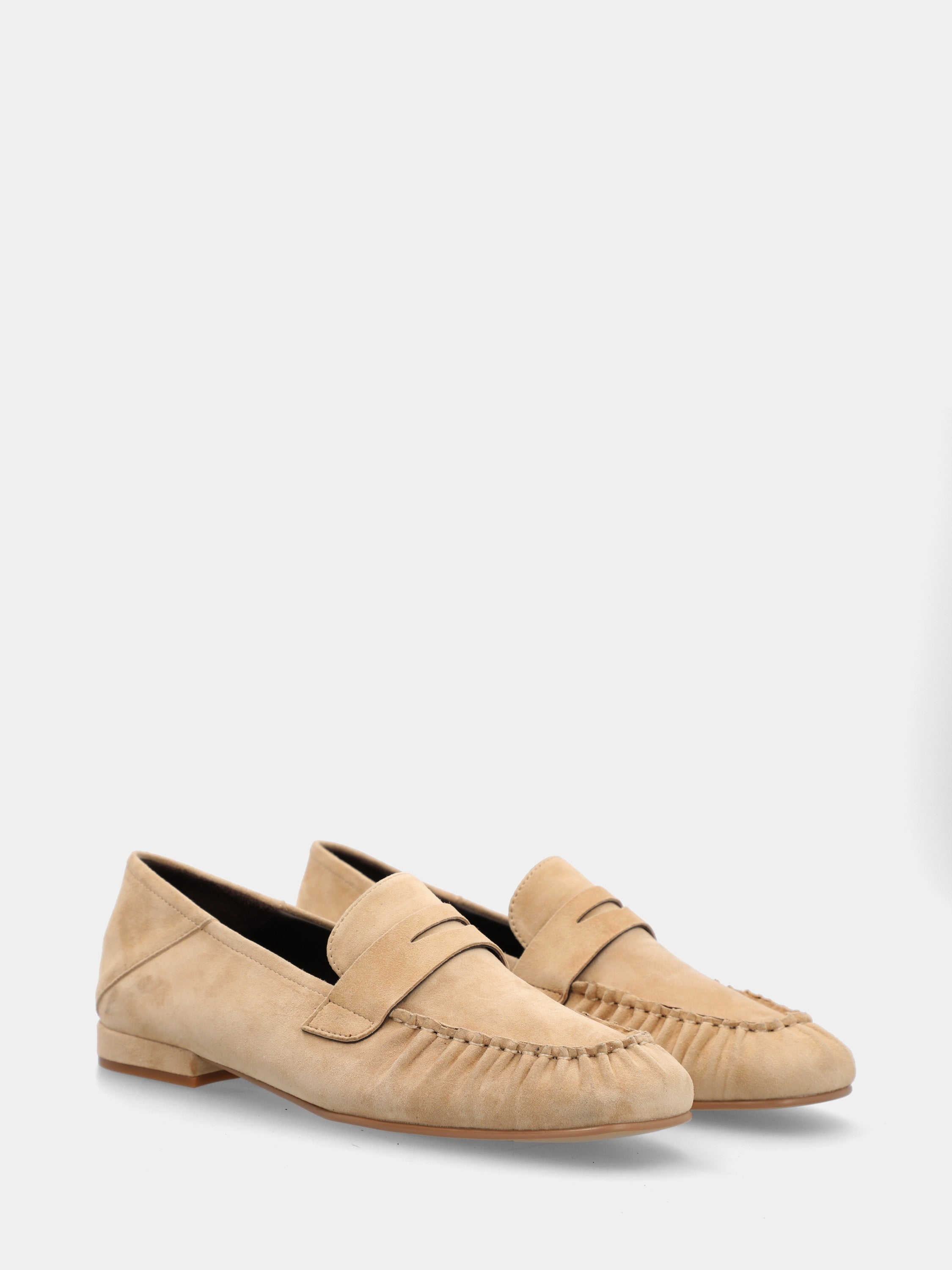 Mocassin en suède beige avec masque en forme de bouche de lion