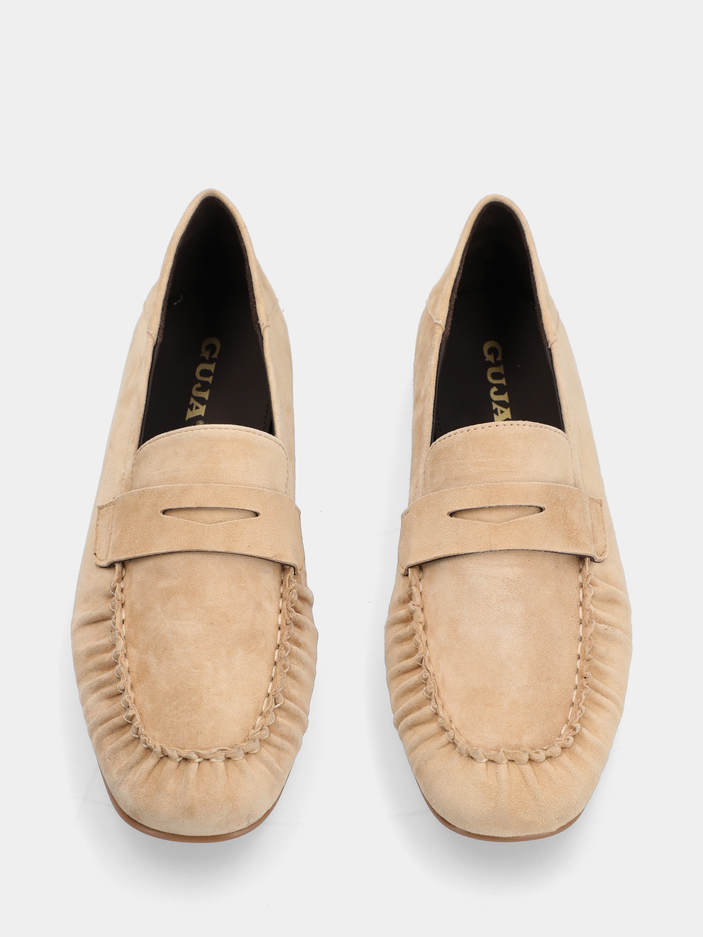 Mocassino in camoscio beige con mascherina a bocca di leone