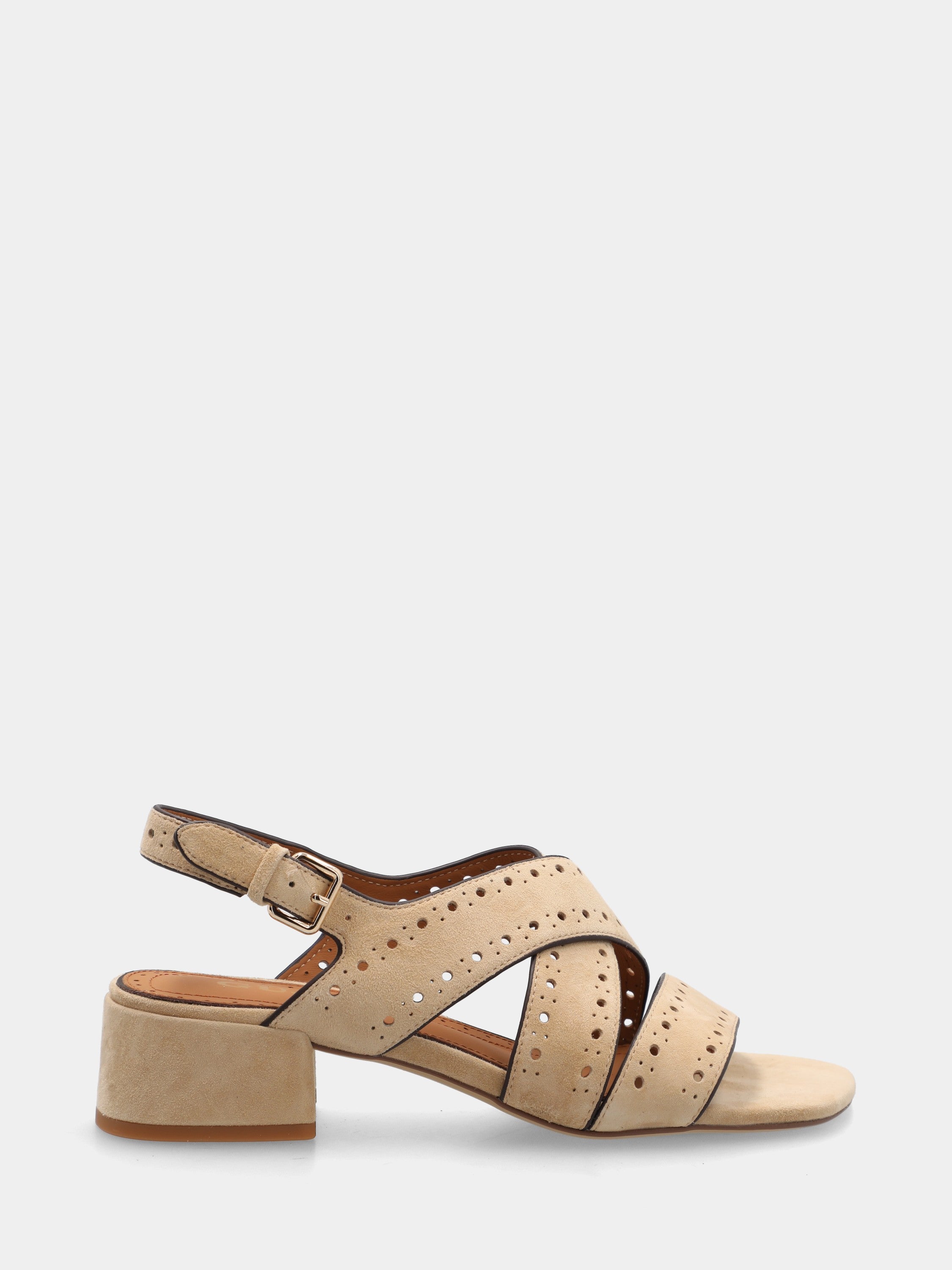 Sandalo in camoscio beige con fascette bucherellate