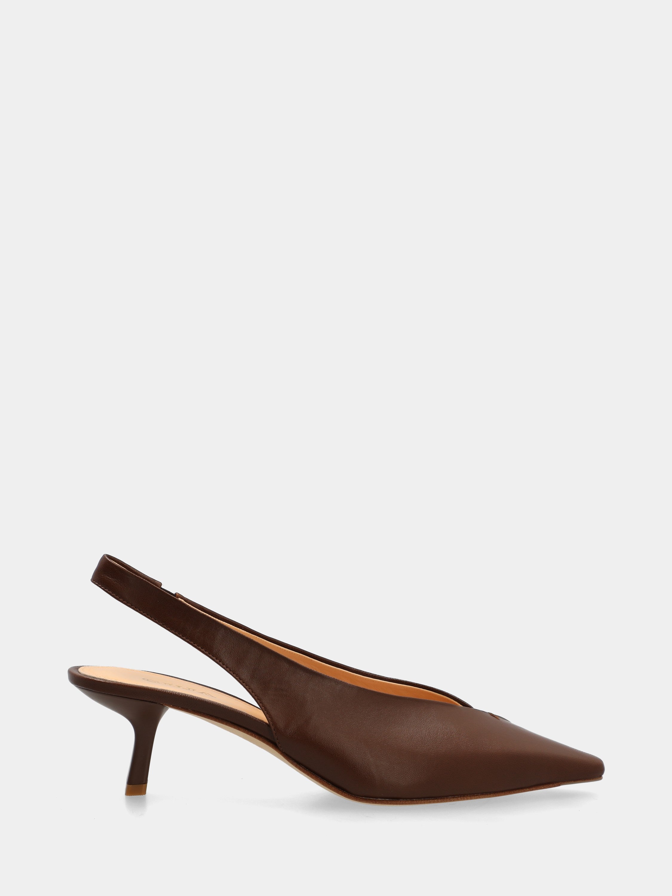 Escarpin slingback en cuir de chevreau marron foncé avec talon bobine