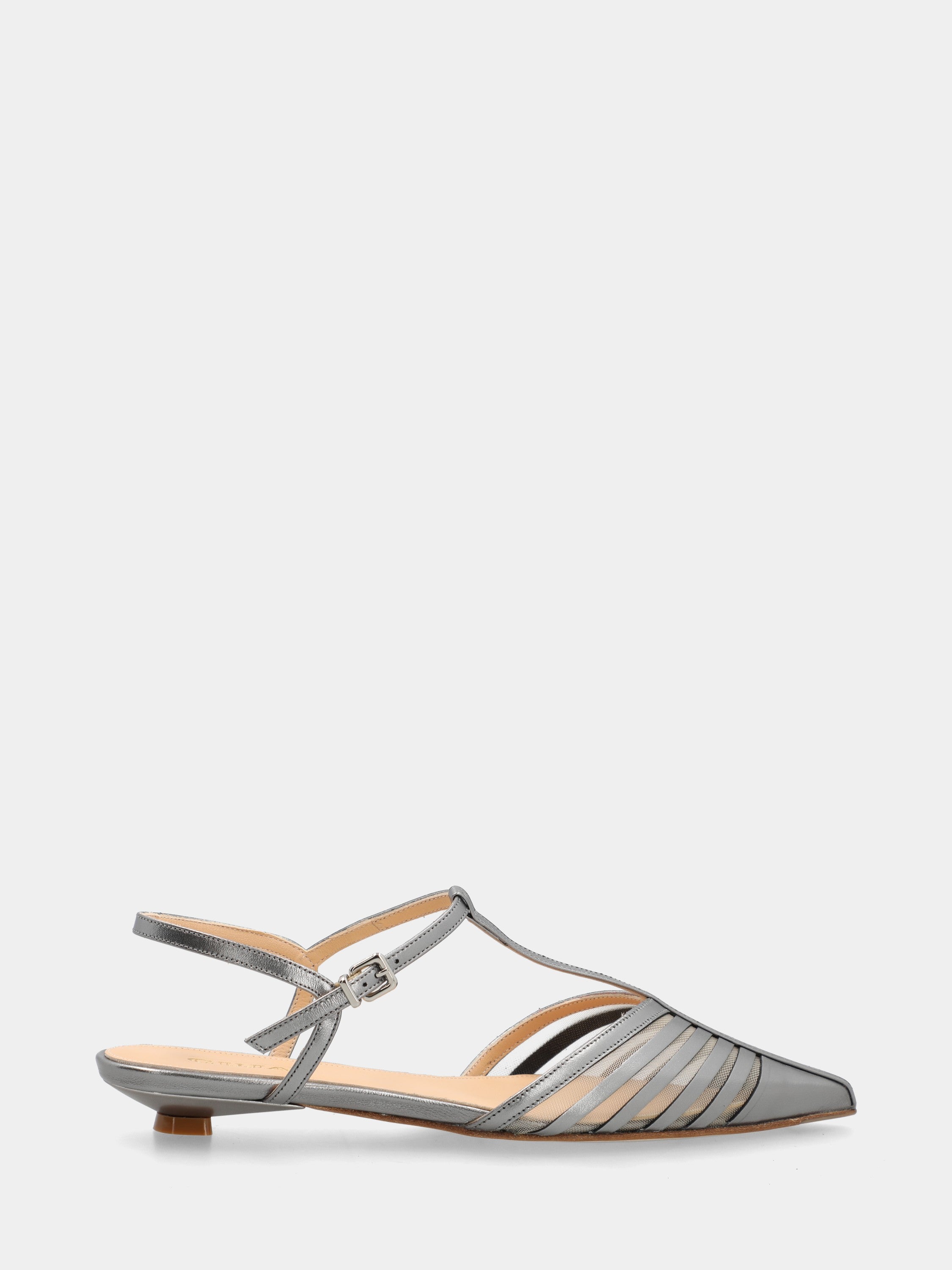 Slingback T-bar in laminato acciaio con tacco rocchetto