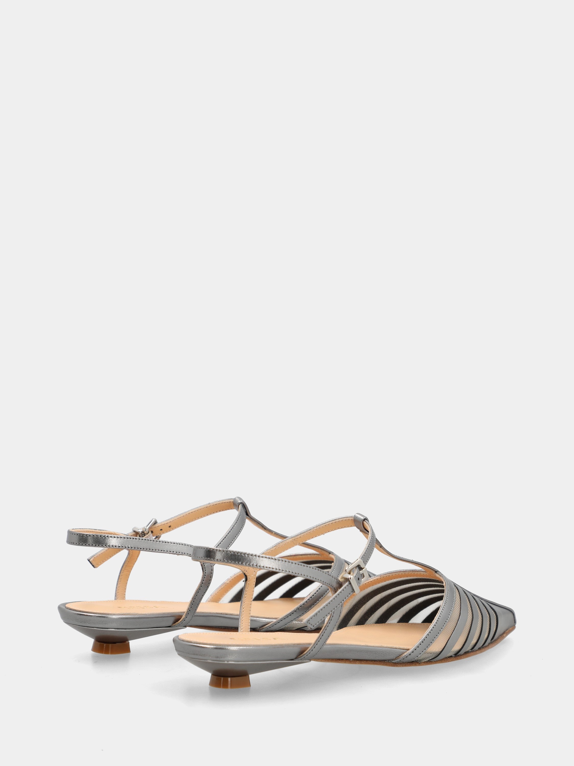 Slingback T-bar in steel laminate with spool heel
