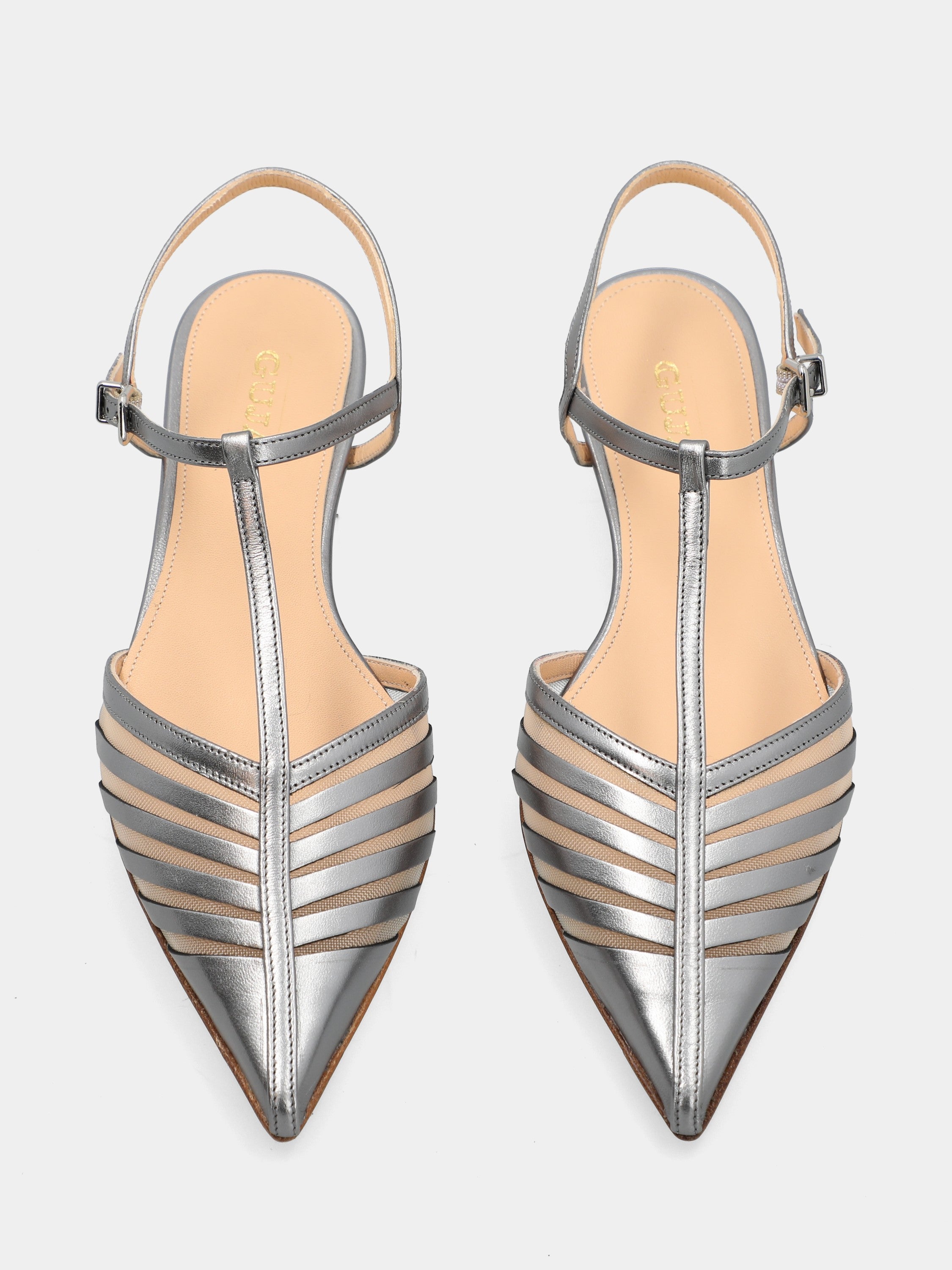 Slingback T-bar in steel laminate with spool heel