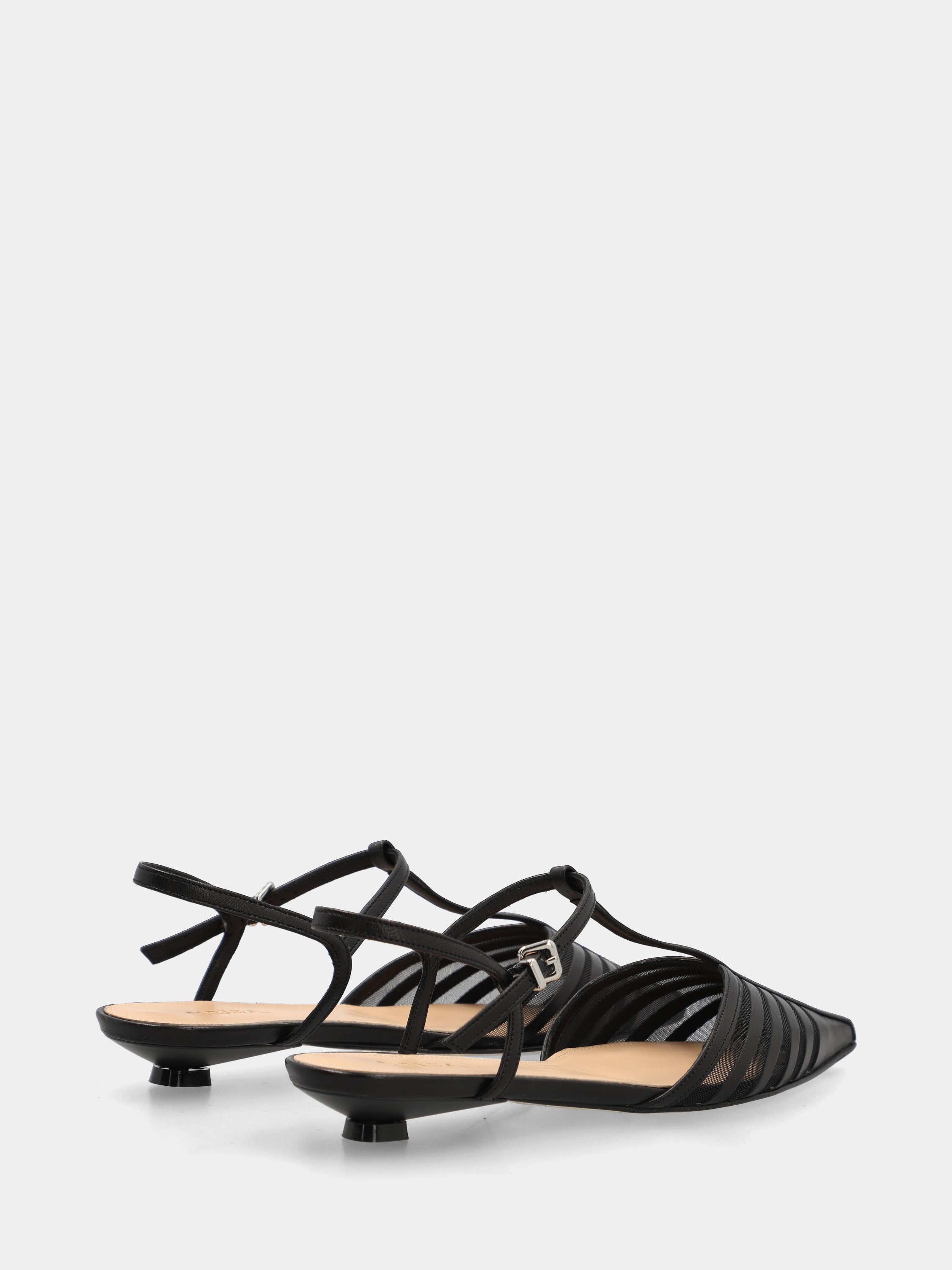 Slingback T-bar in black kid leather with spool heel