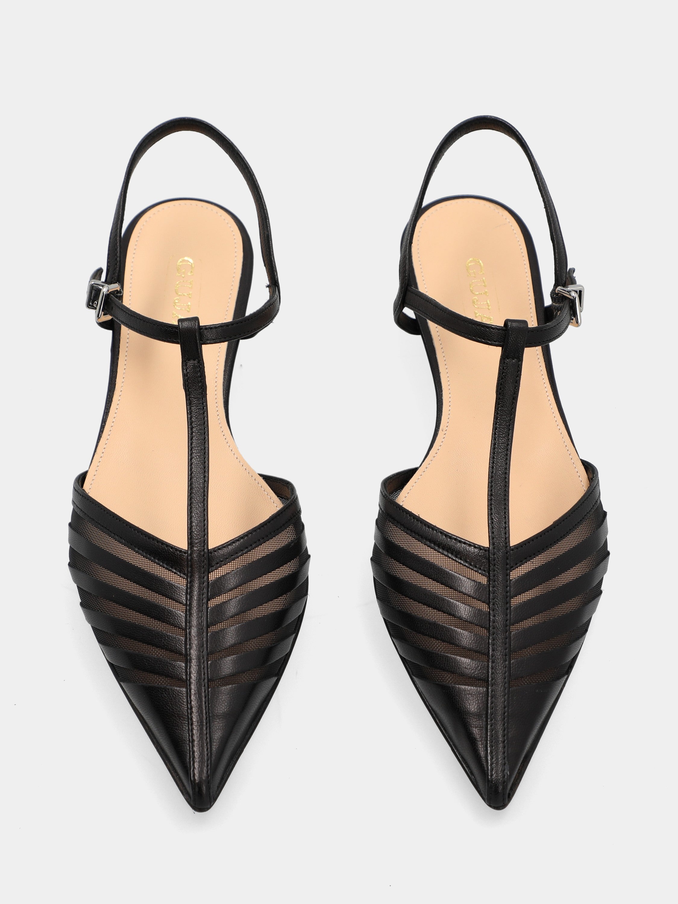 Slingback T-bar in black kid leather with spool heel