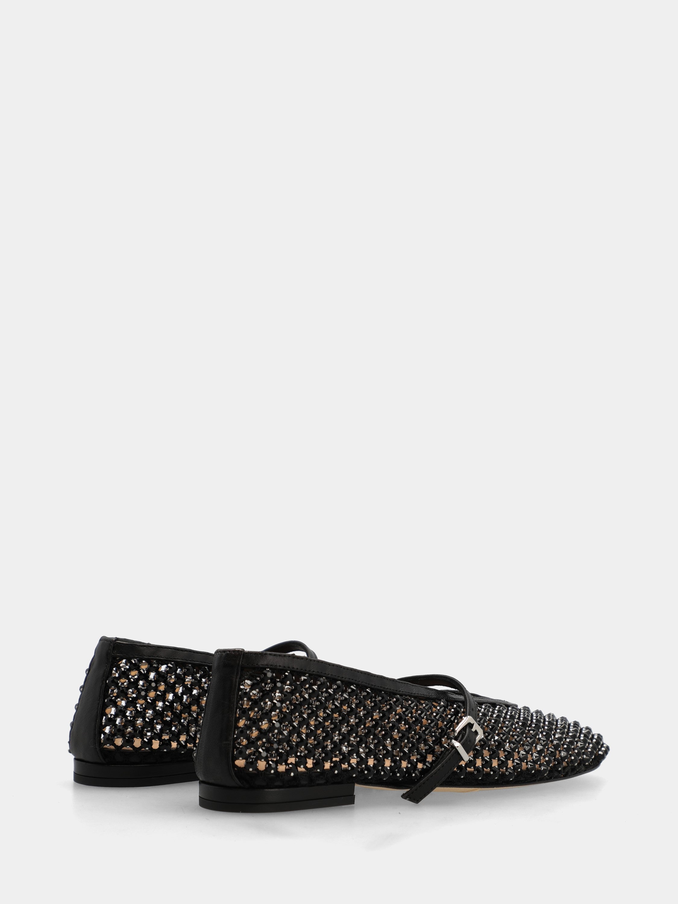 Ballerina Mary Jane in nappa nera traforata con cristalli e punta tonda