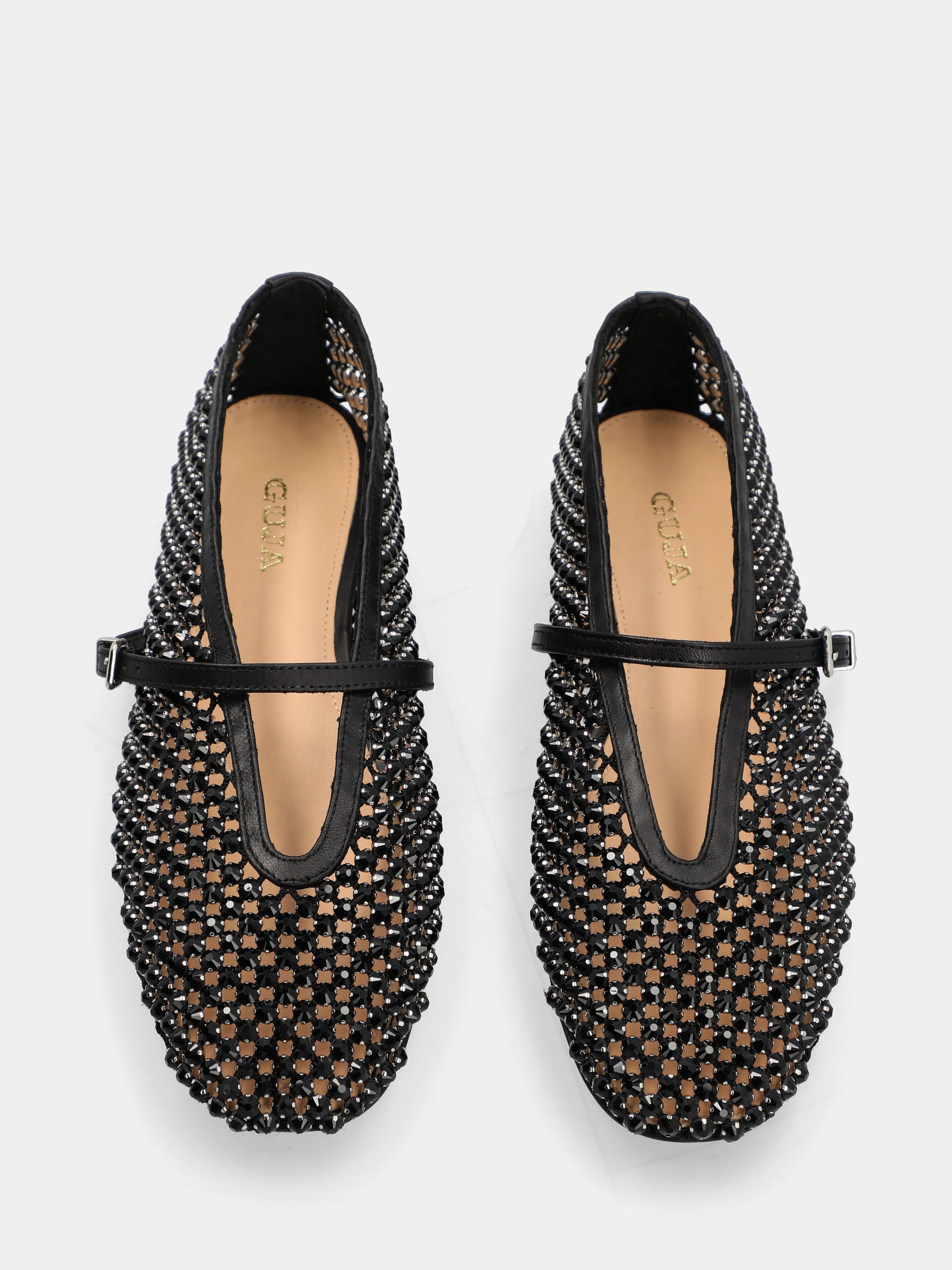Ballerina Mary Jane in nappa nera traforata con cristalli e punta tonda