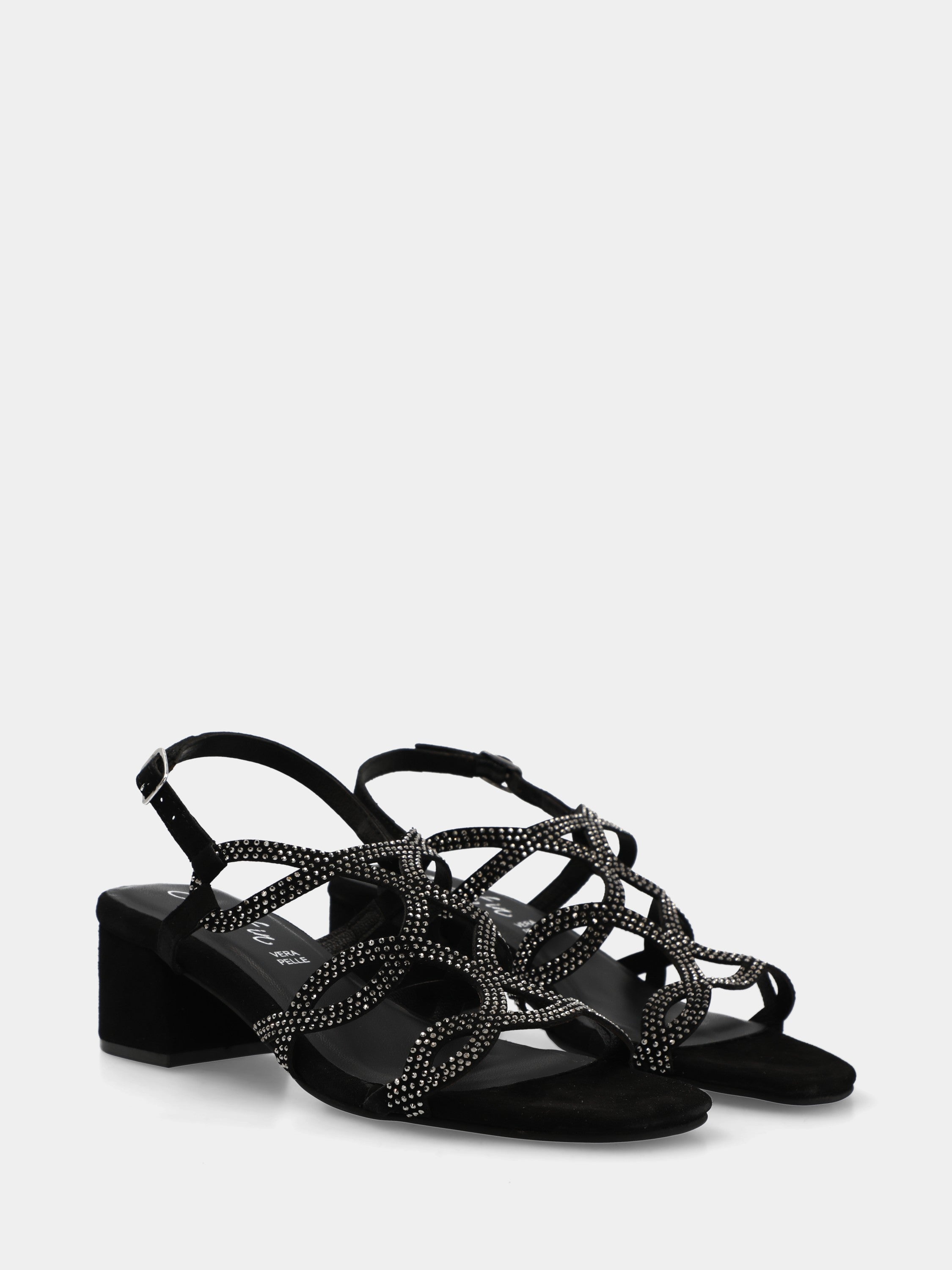 Sandalo in camoscio nero con listini di cristalli
