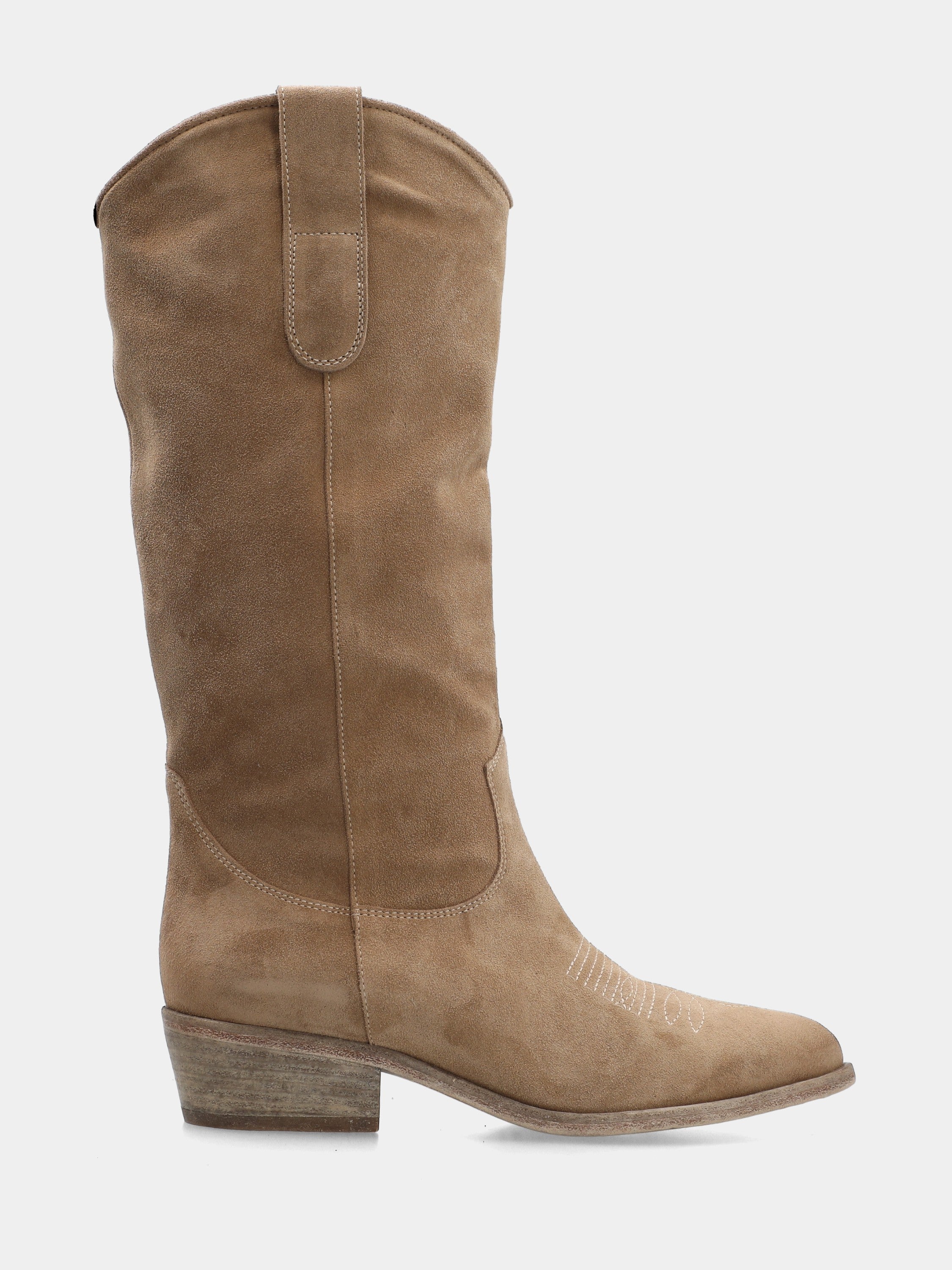 Cowboystiefel aus beigem Velours mit Stickerei auf der Sohle