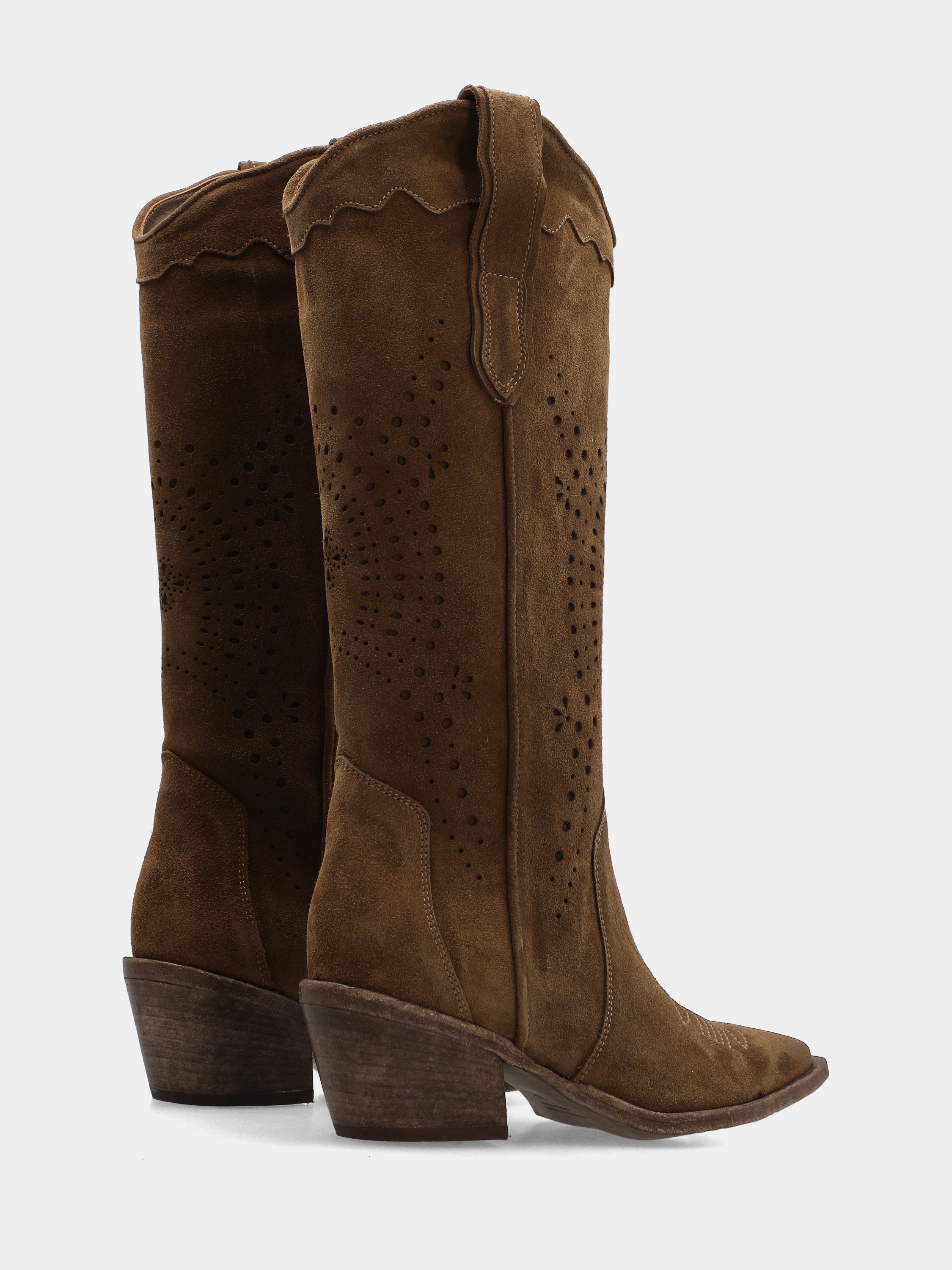 Brown velour Western boots with embroidery on sole