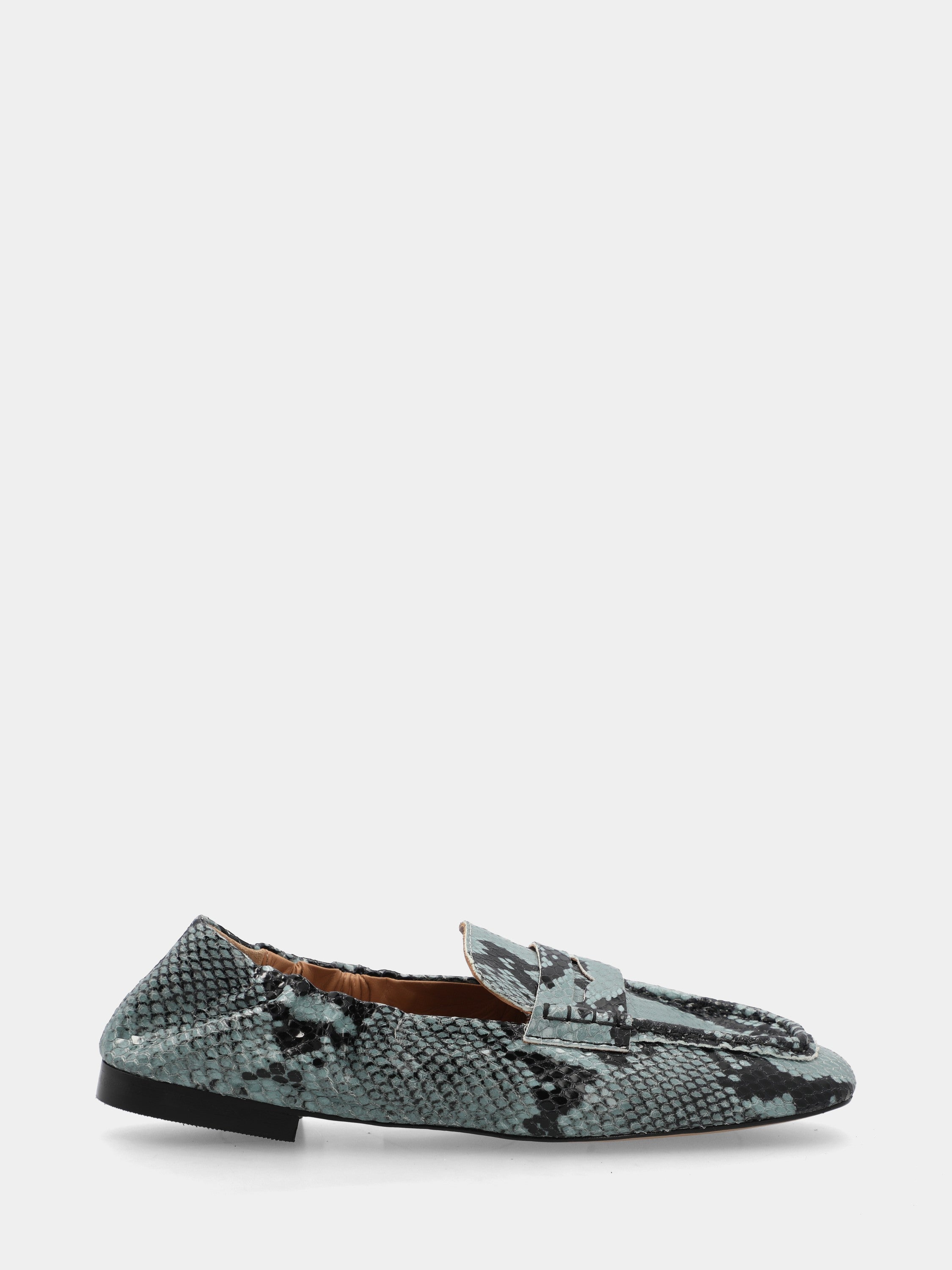 Mocassin en veau python turquoise avec construction sacchetto