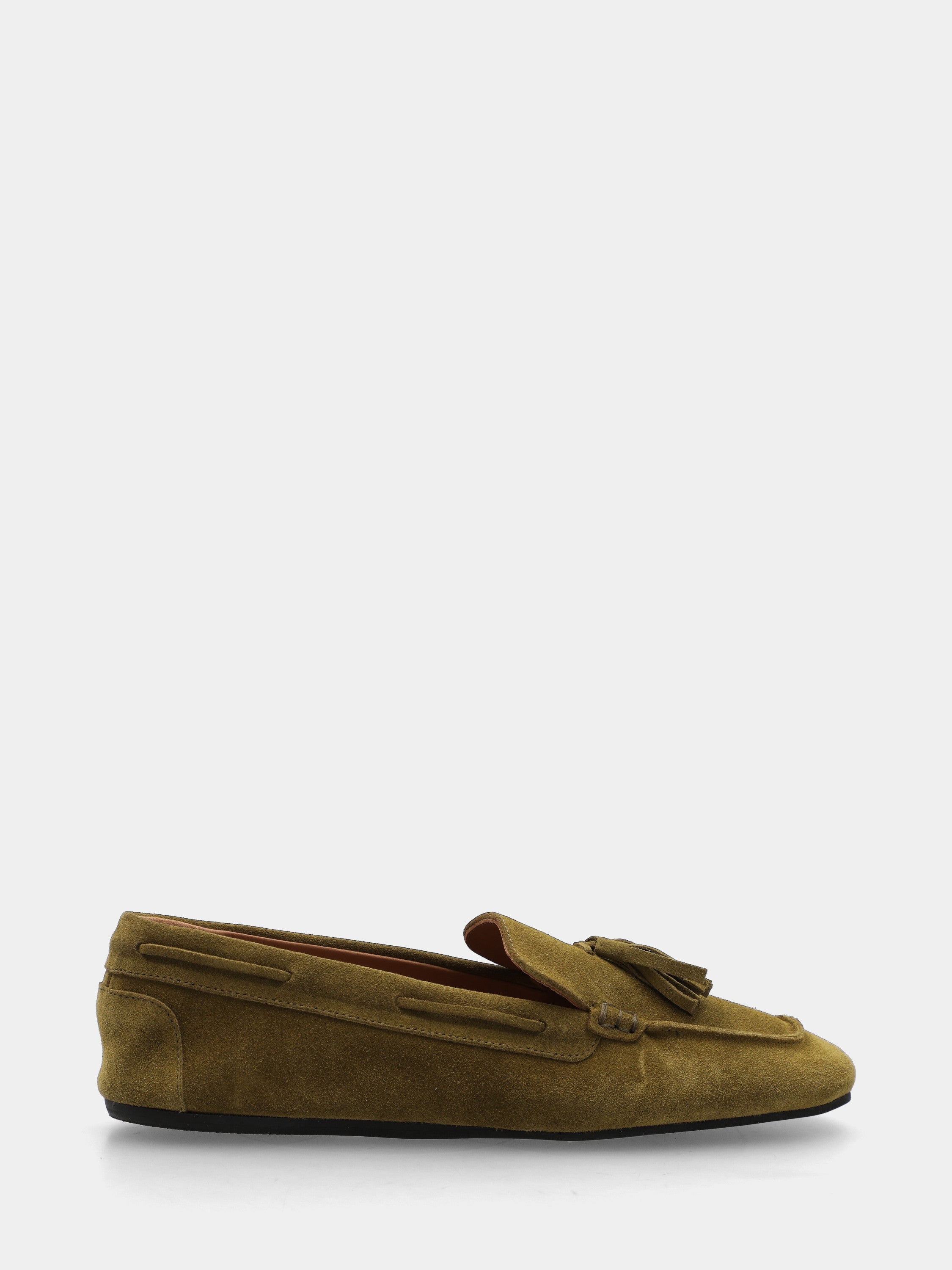Mocassino in velour verde con nappine e punta quadrata stondata