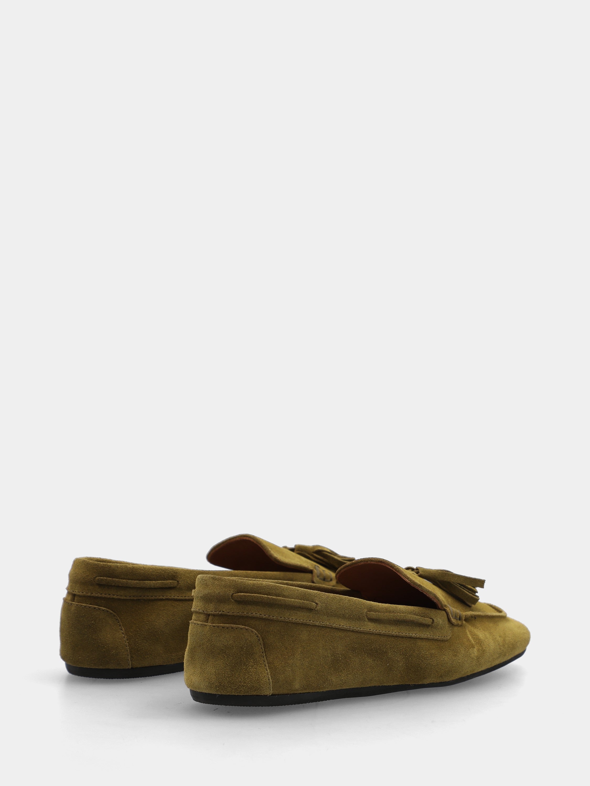 Mocassino in velour verde con nappine e punta quadrata stondata