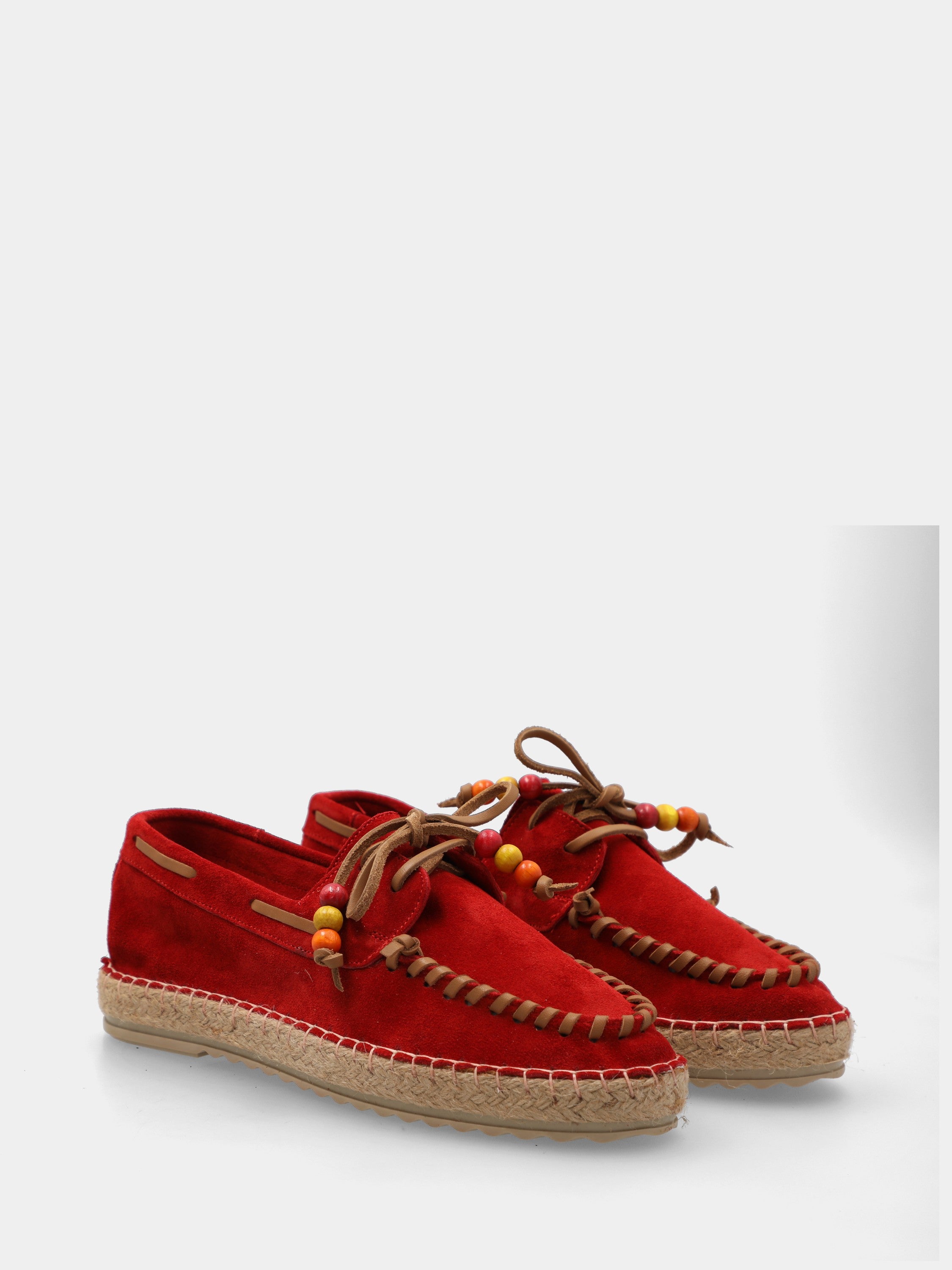 Red velour moccasin with rope wedge heel