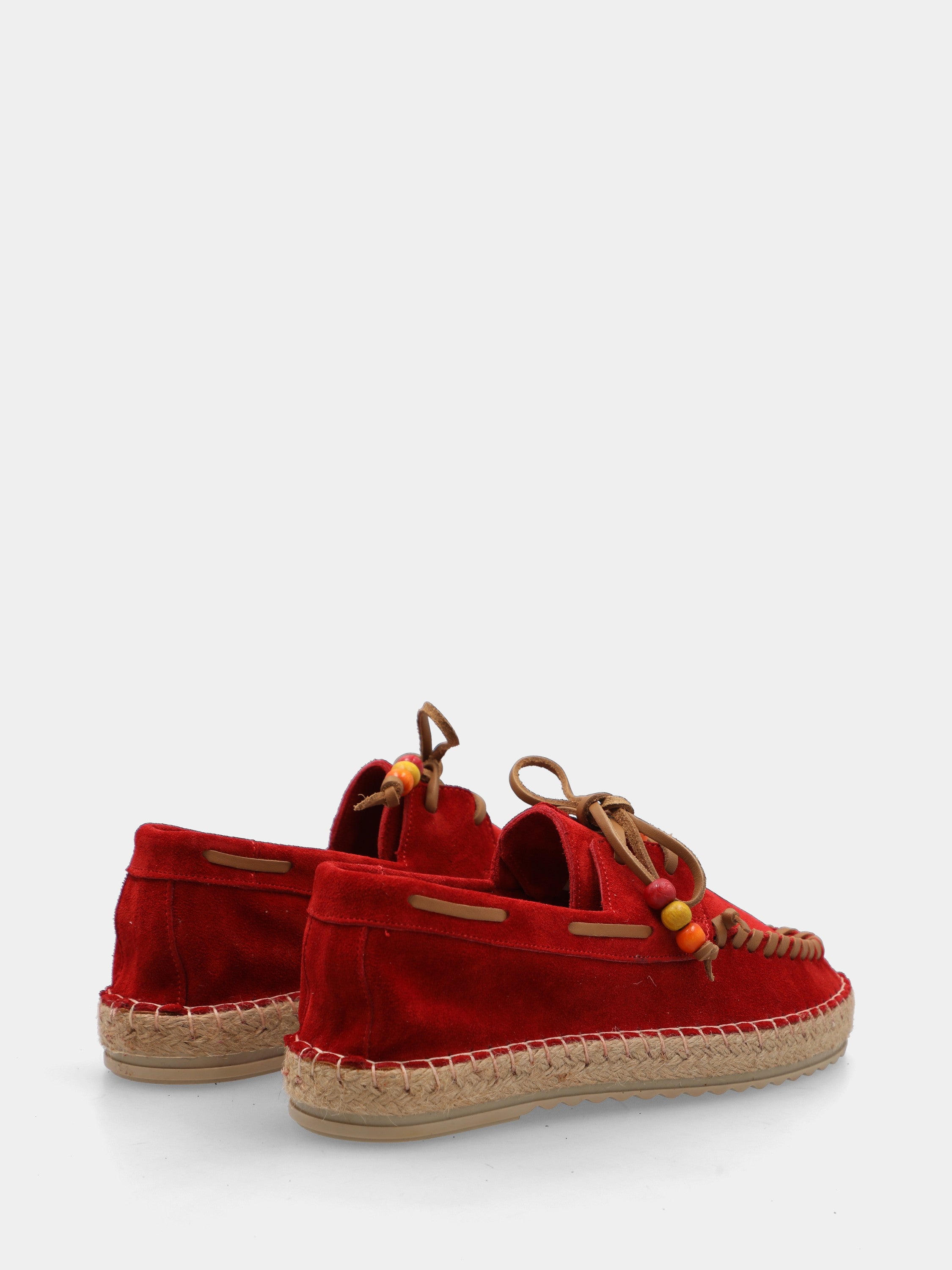 Red velour moccasin with rope wedge heel