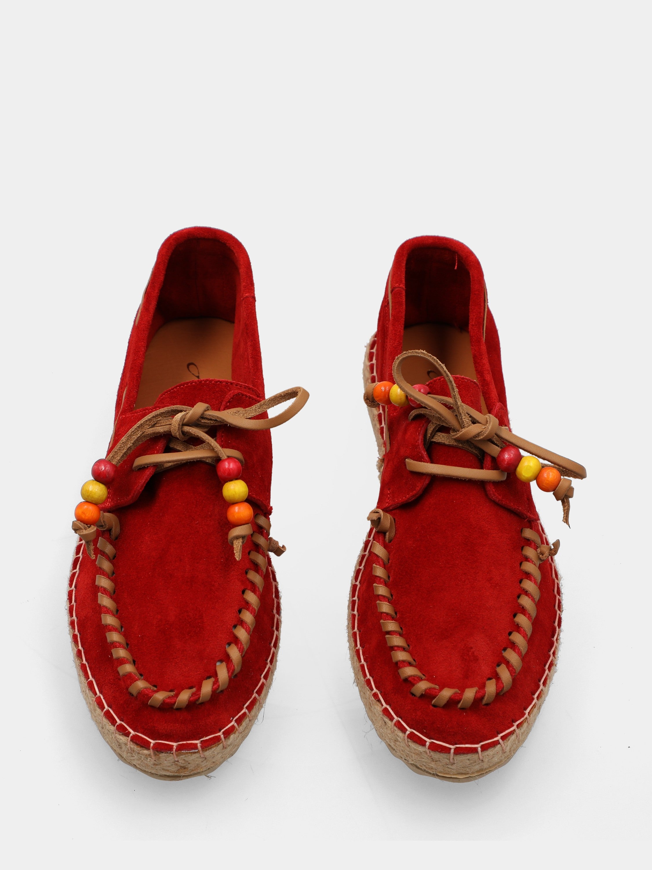 Red velour moccasin with rope wedge heel