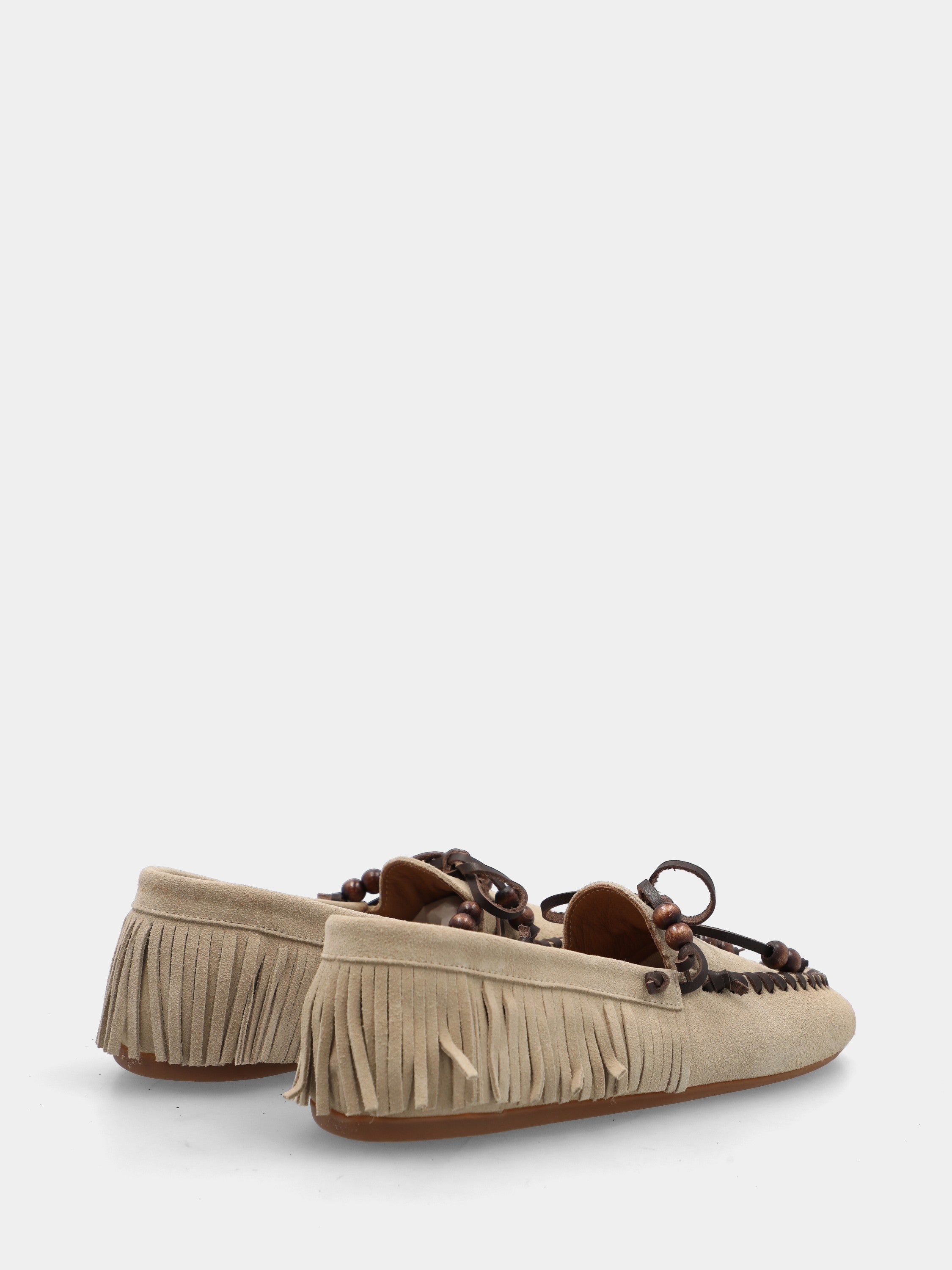 Mocassino flat in velour beige con frange e fiocco