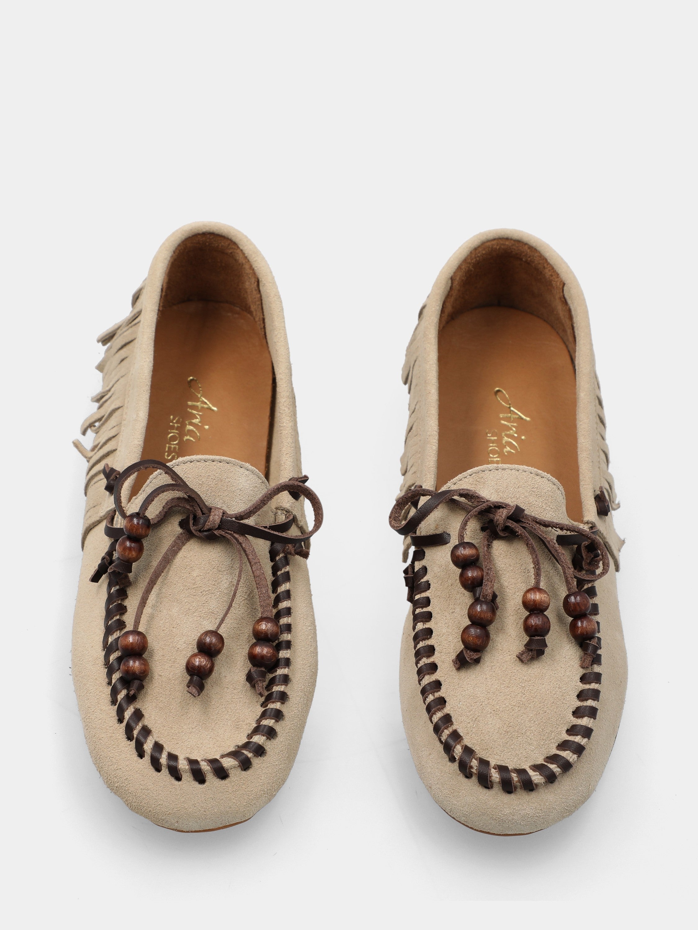 Mocassino flat in velour beige con frange e fiocco