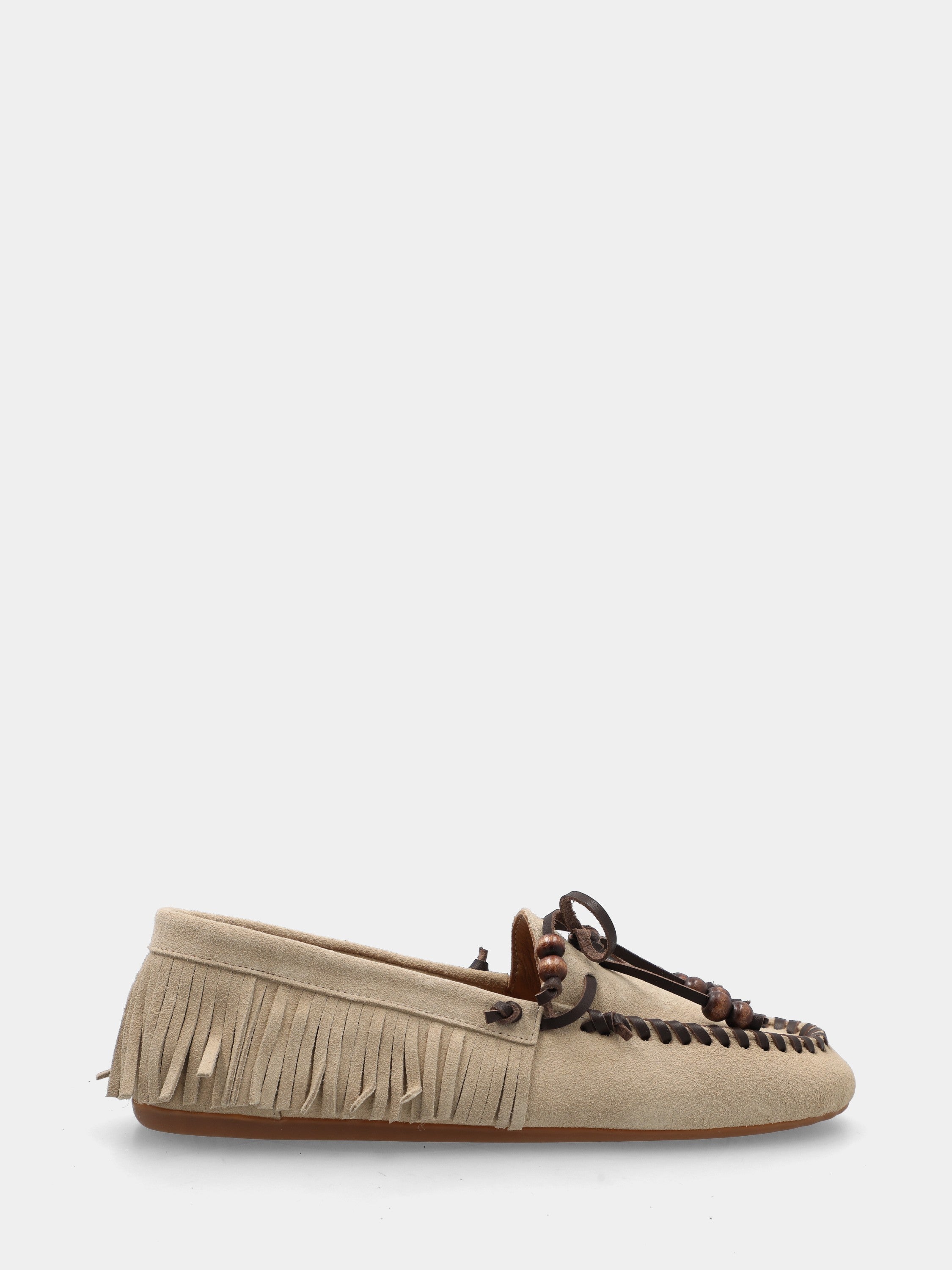 Mocassin plat en velours beige avec franges et nœud