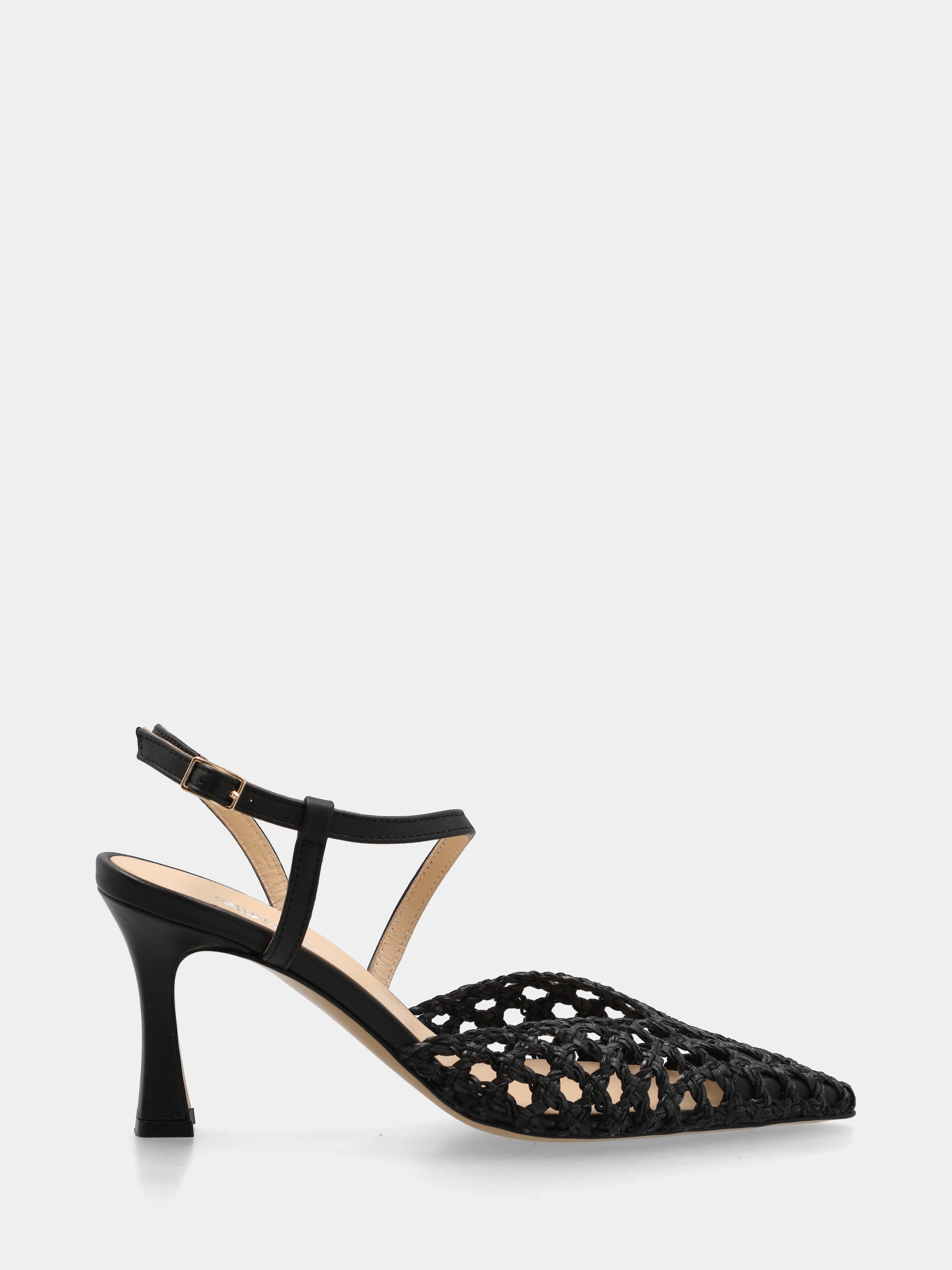Slingback aus schwarzer, geflochtener Raffia mit hohlem Absatz