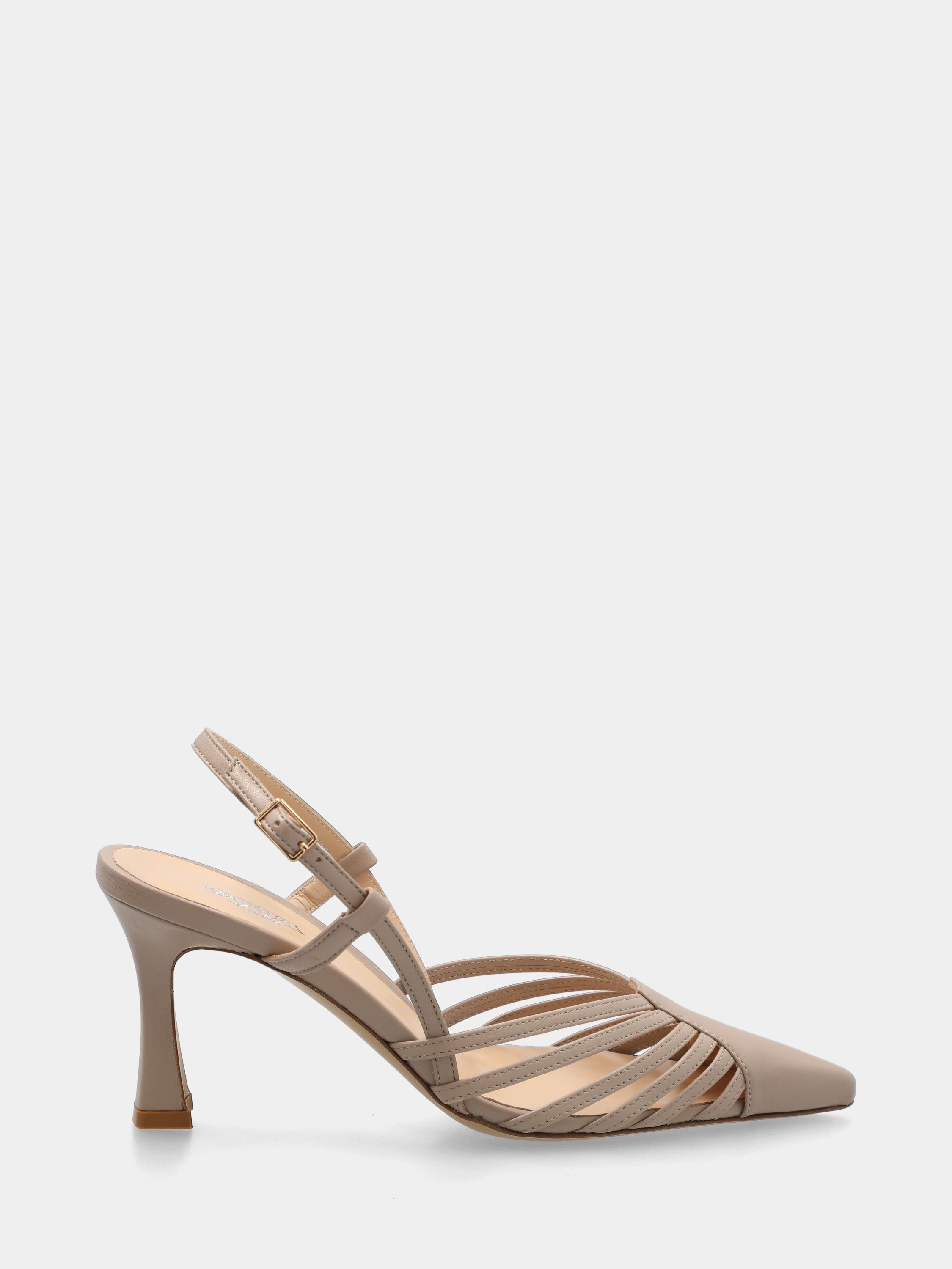 Slingback in nappa taupe con listini incrociati e tacco 70mm