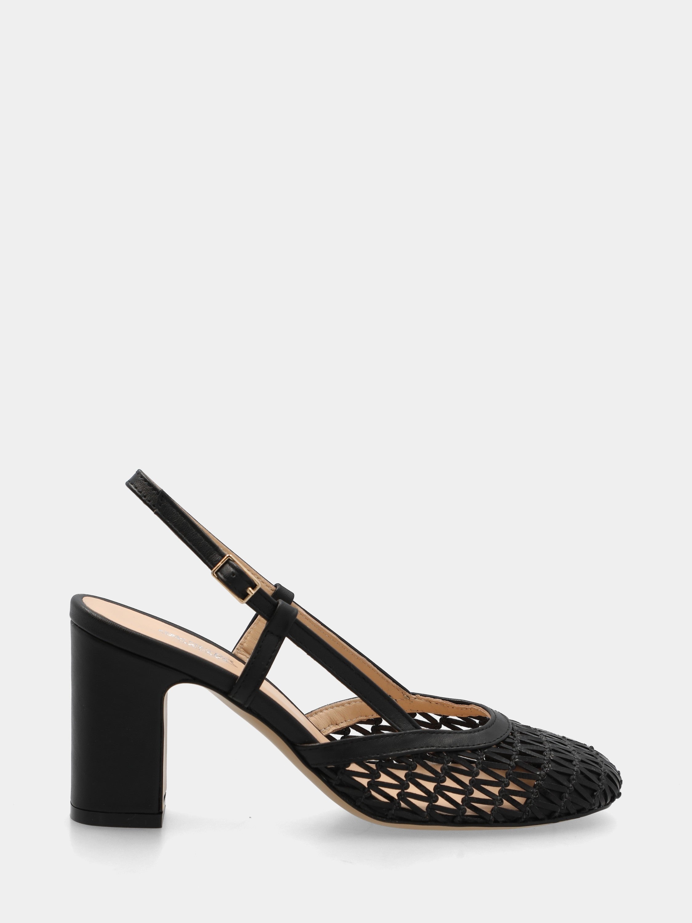 Slingback in rafia nera intrecciata con tacco largo