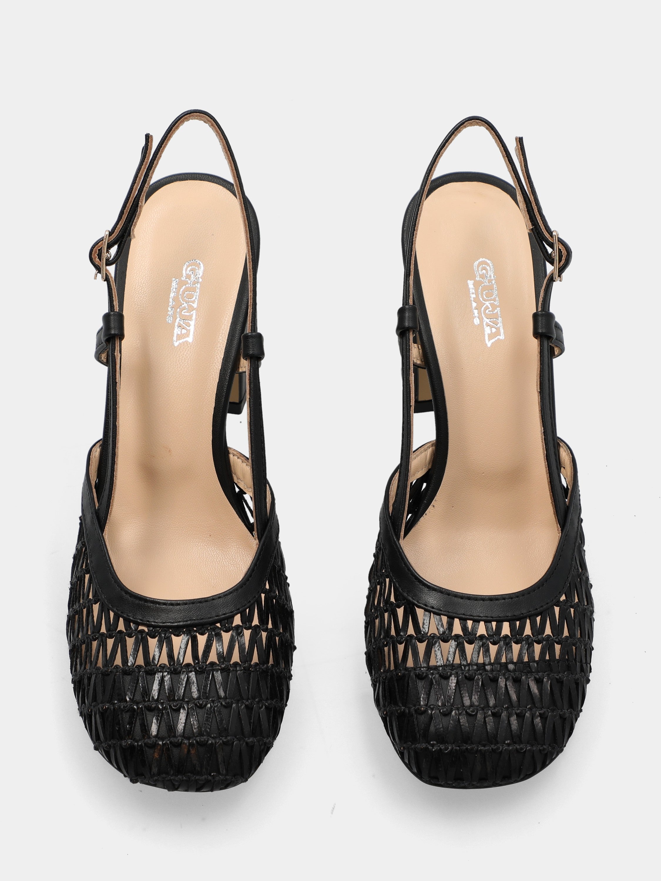 Slingback in rafia nera intrecciata con tacco largo