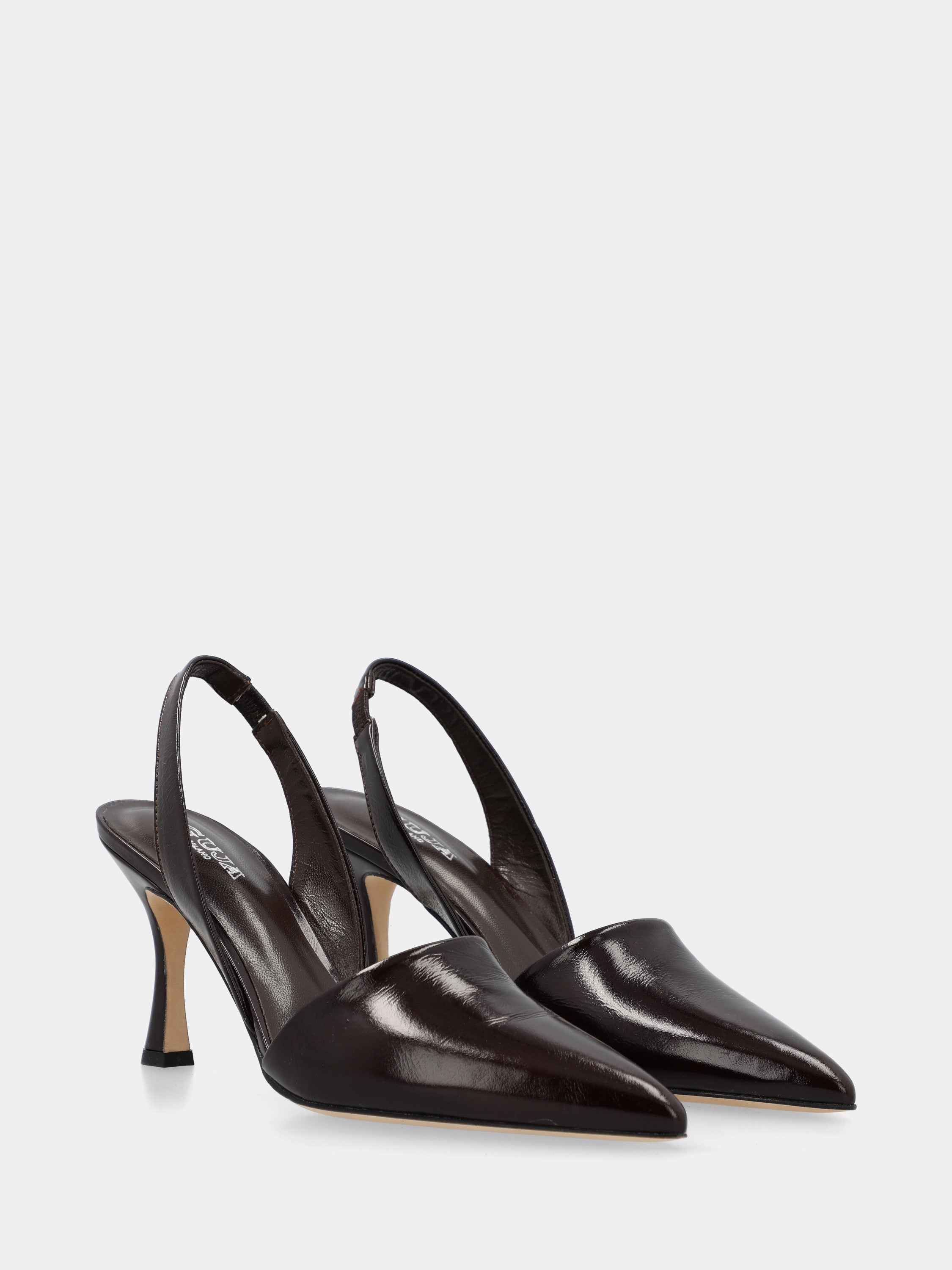 Slingback in shiny velvet mahogany with stiletto heel