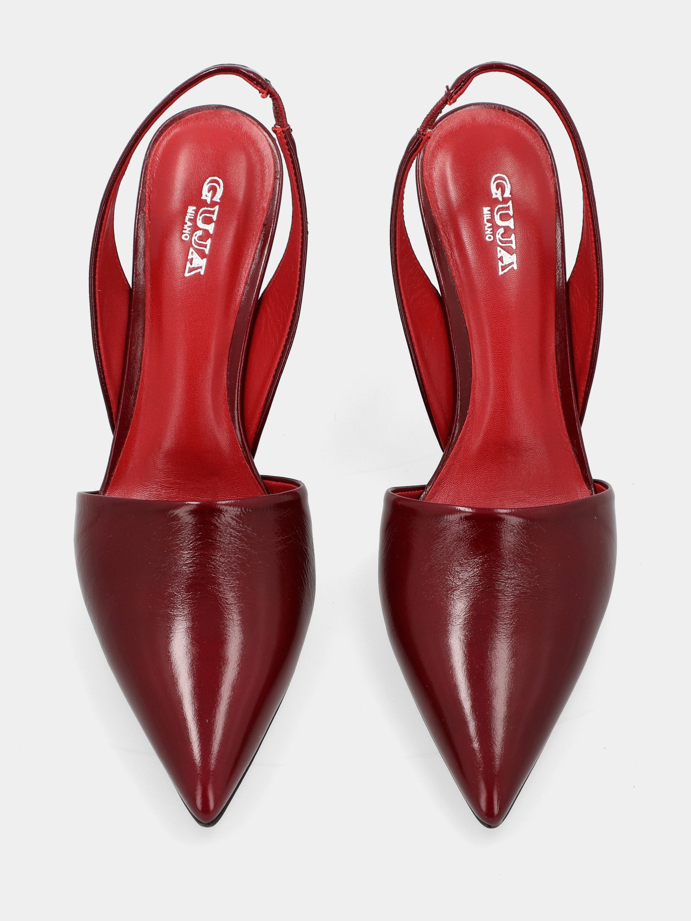 Slingback aus glänzender Samt Rosso Rubino mit Pfennigabsatz