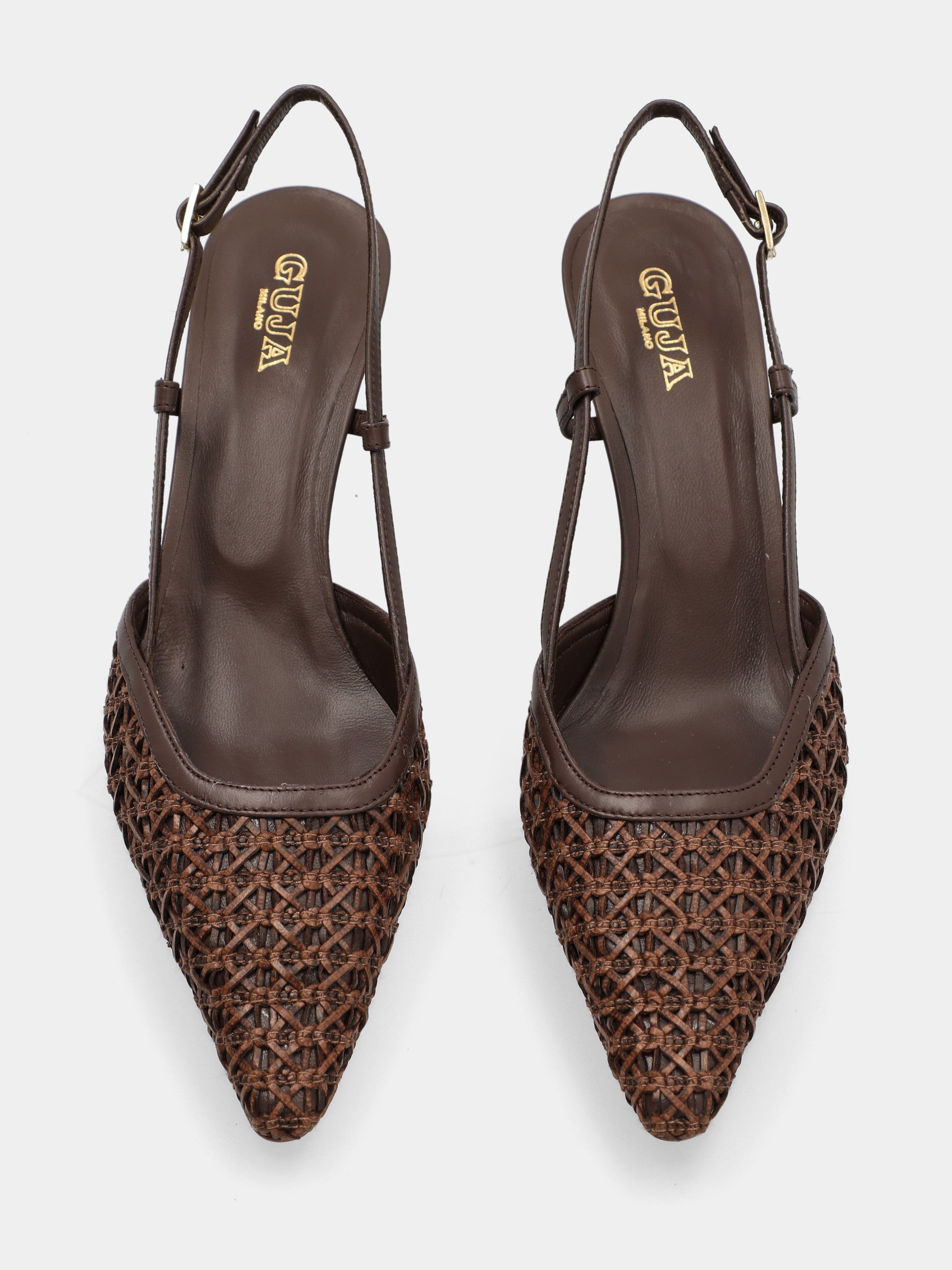 Slingback en raphia tressé marron foncé avec talon en forme de calice