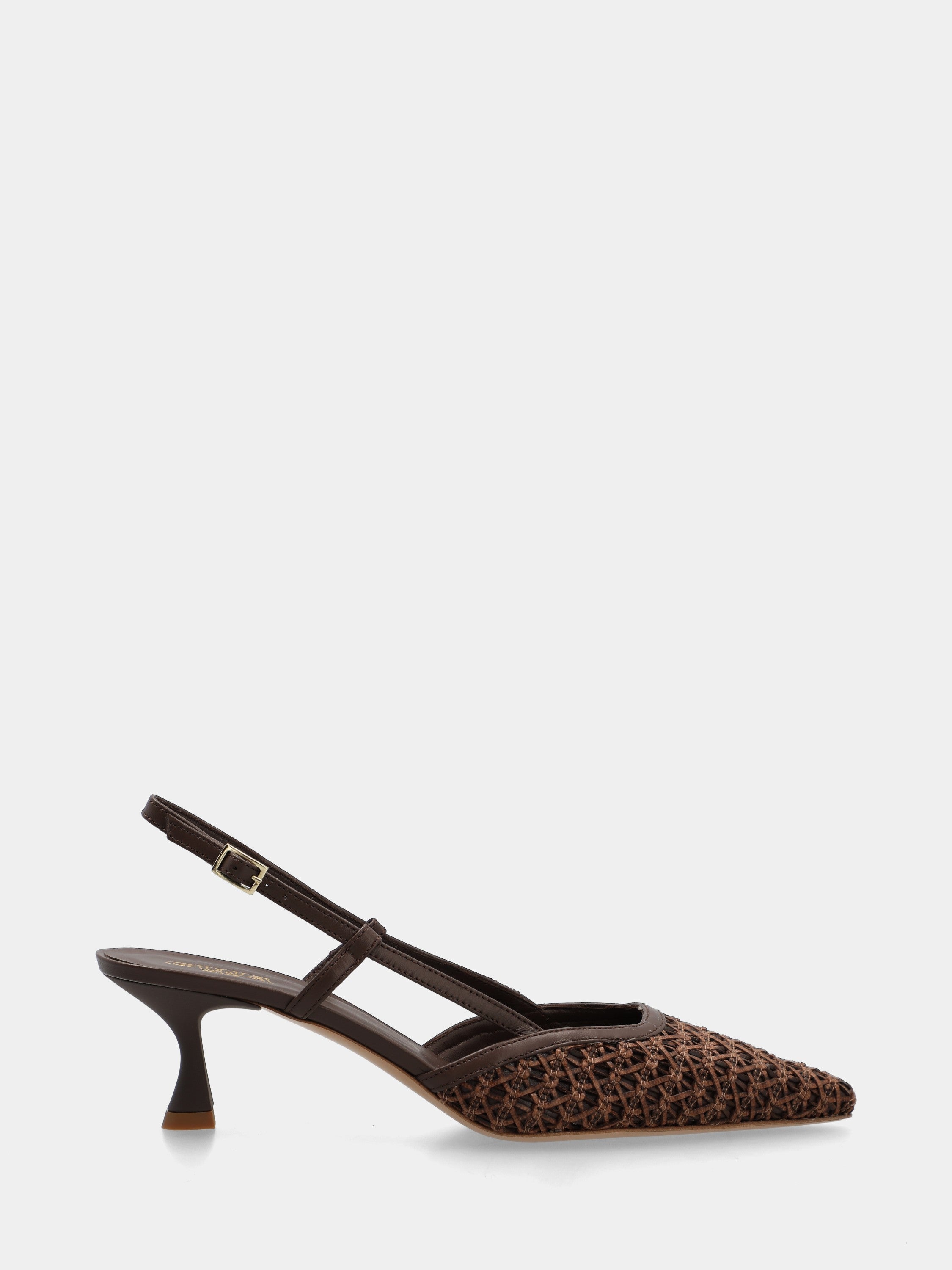 Slingback en raphia tressé marron foncé avec talon en forme de calice