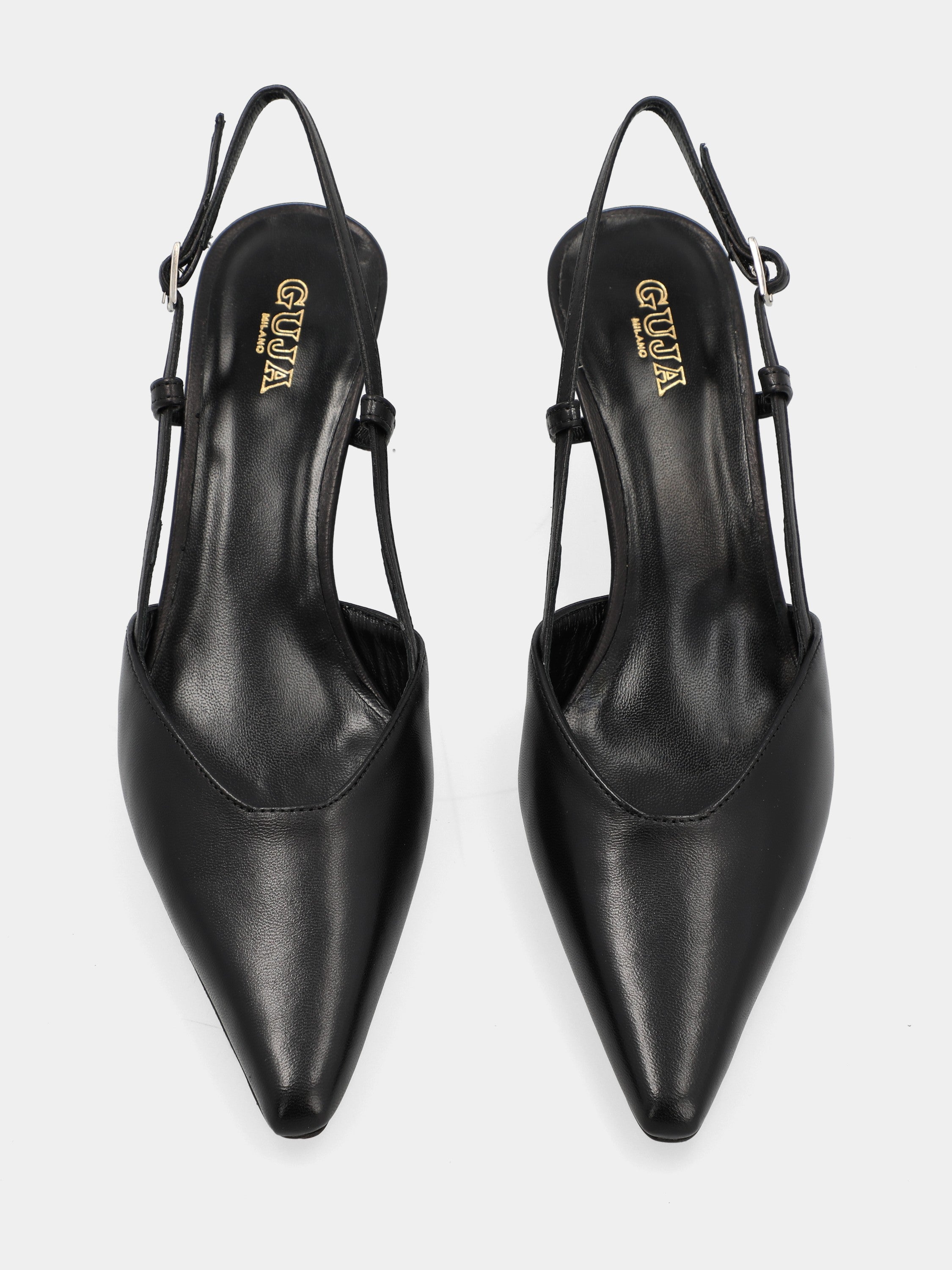 Slingback in nappa nera con punta affusolata quadratina e tacco 50mm