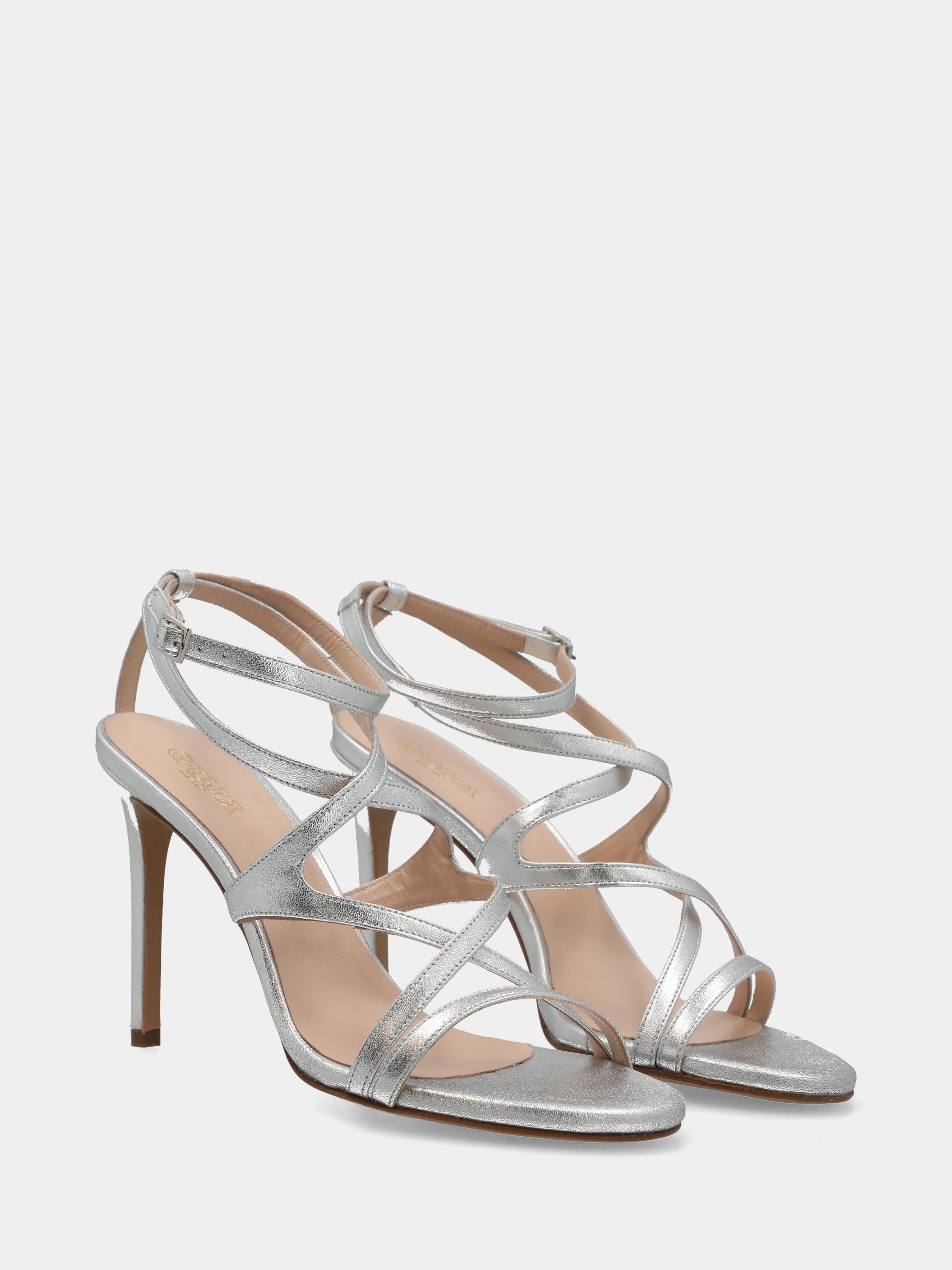 Sandalo in laminato argento con listini incrociati e stiletto 110mm