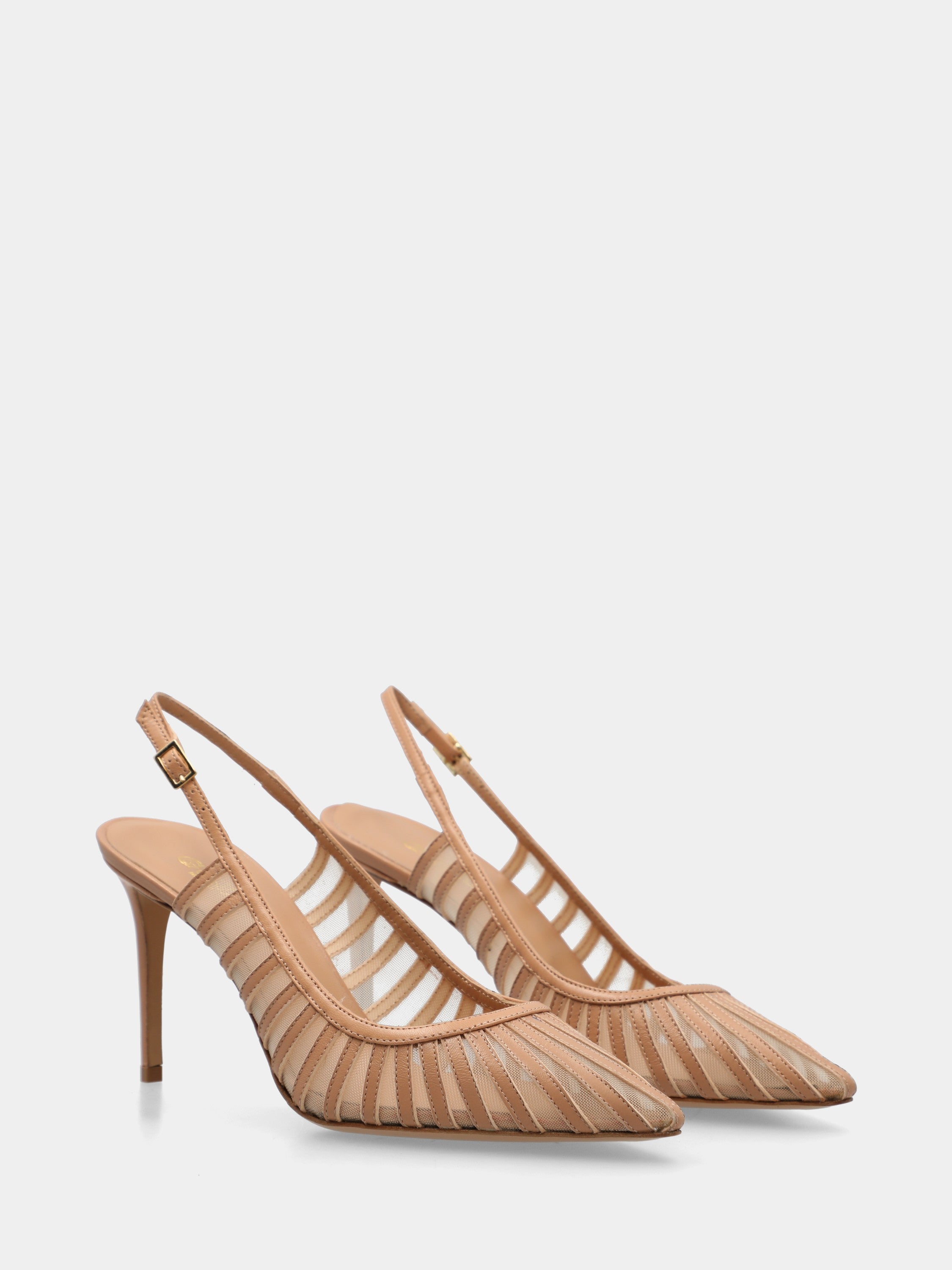 Slingback in nappa nude con rete e stiletto 100mm a coda