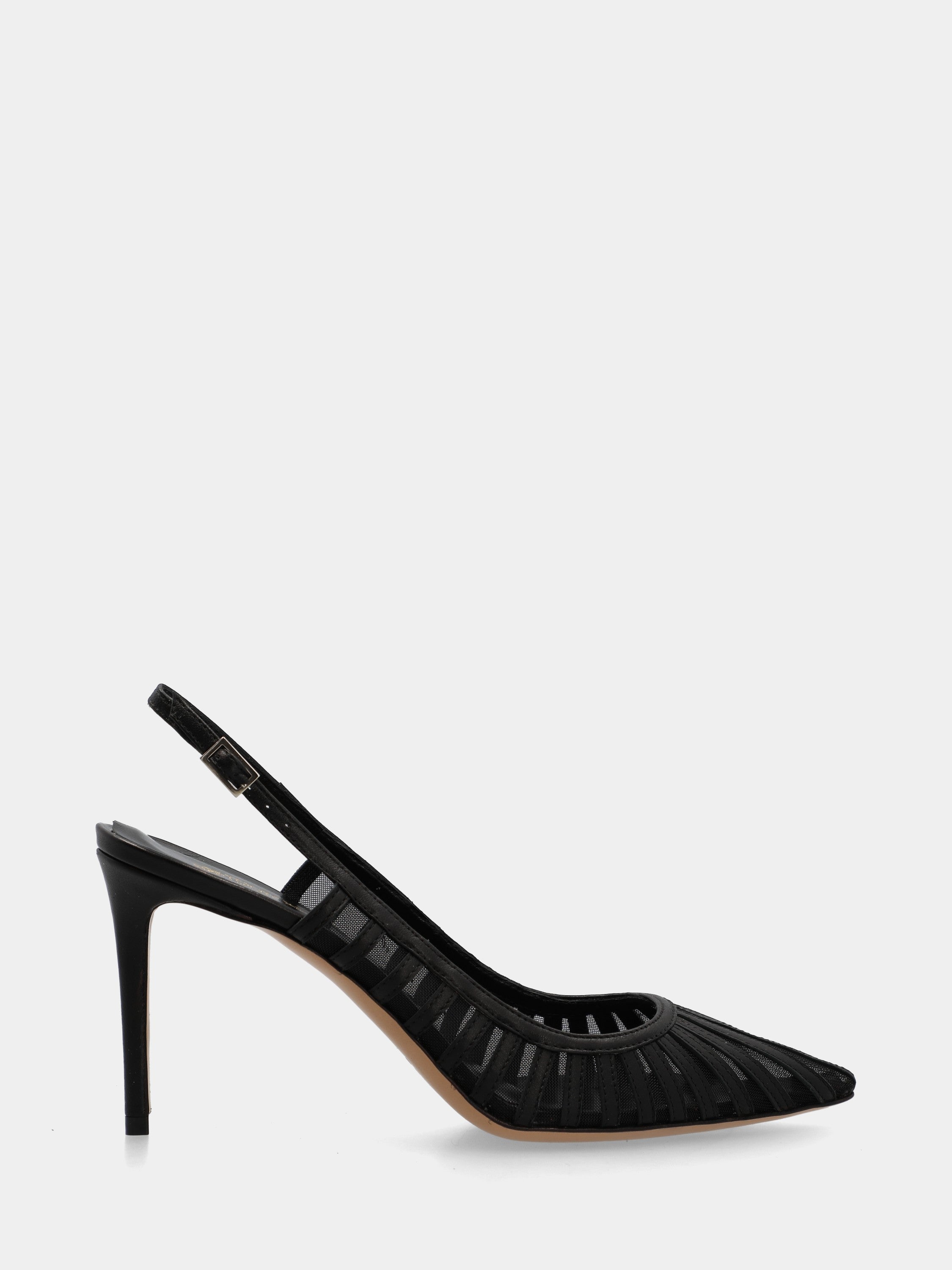 Slingback in nappa nera con rete e stiletto 100mm a coda