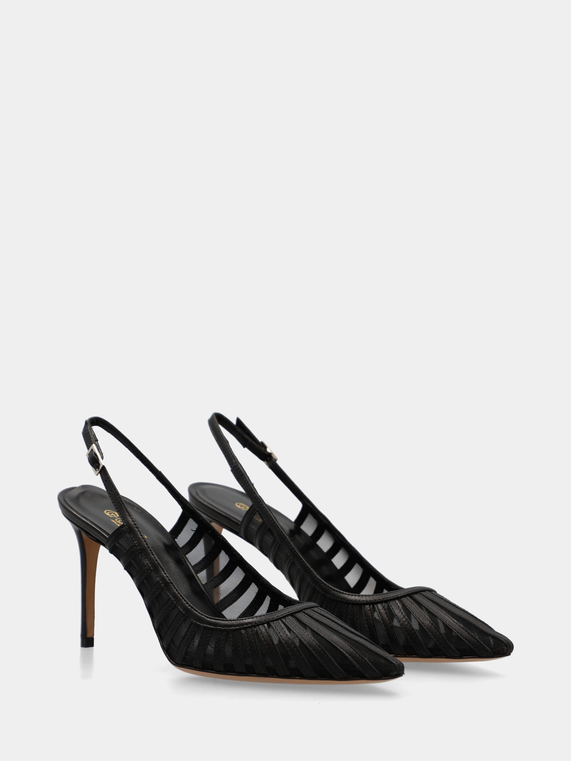 Slingback in nappa nera con rete e stiletto 100mm a coda