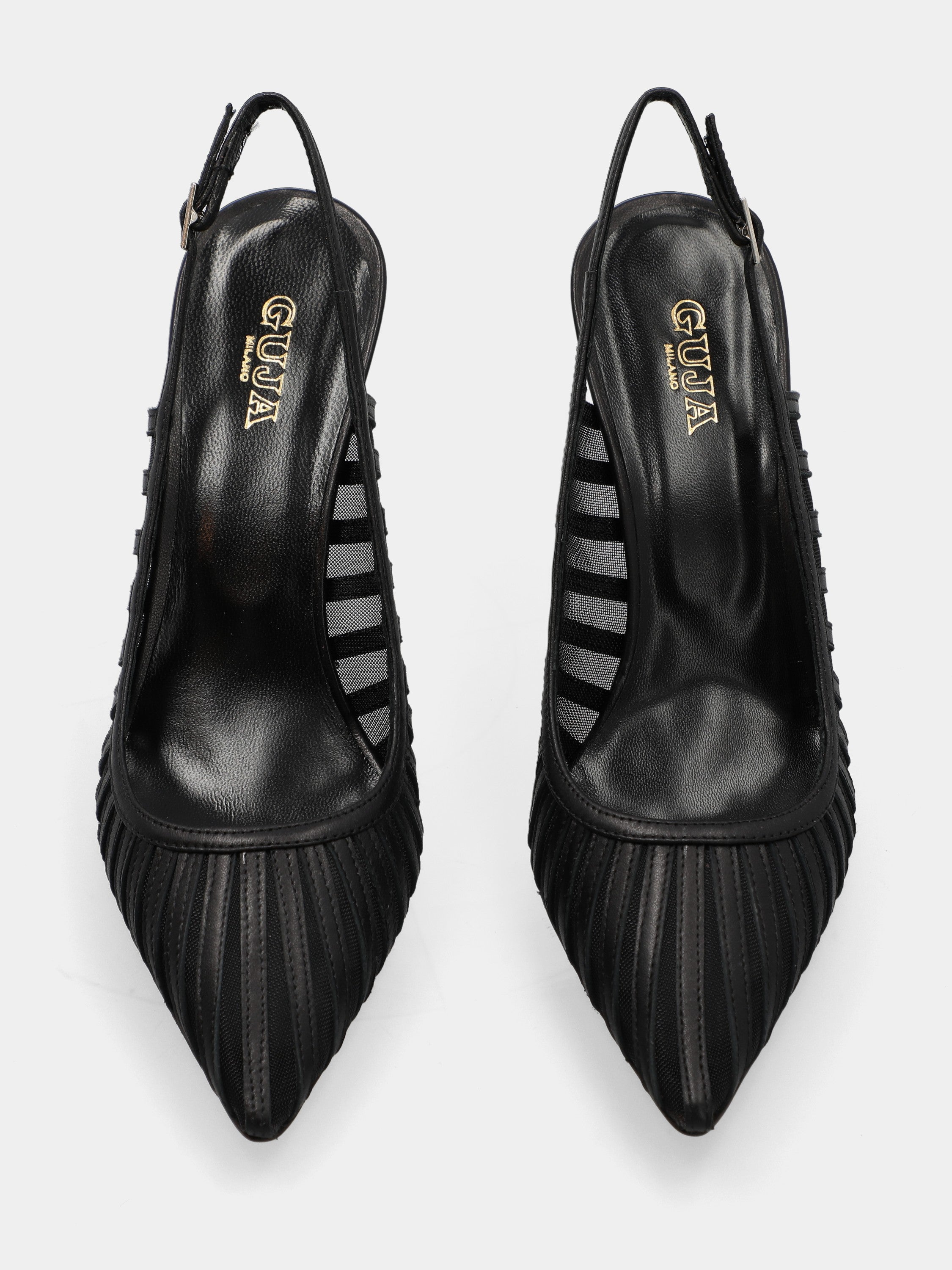 Slingback in nappa nera con rete e stiletto 100mm a coda