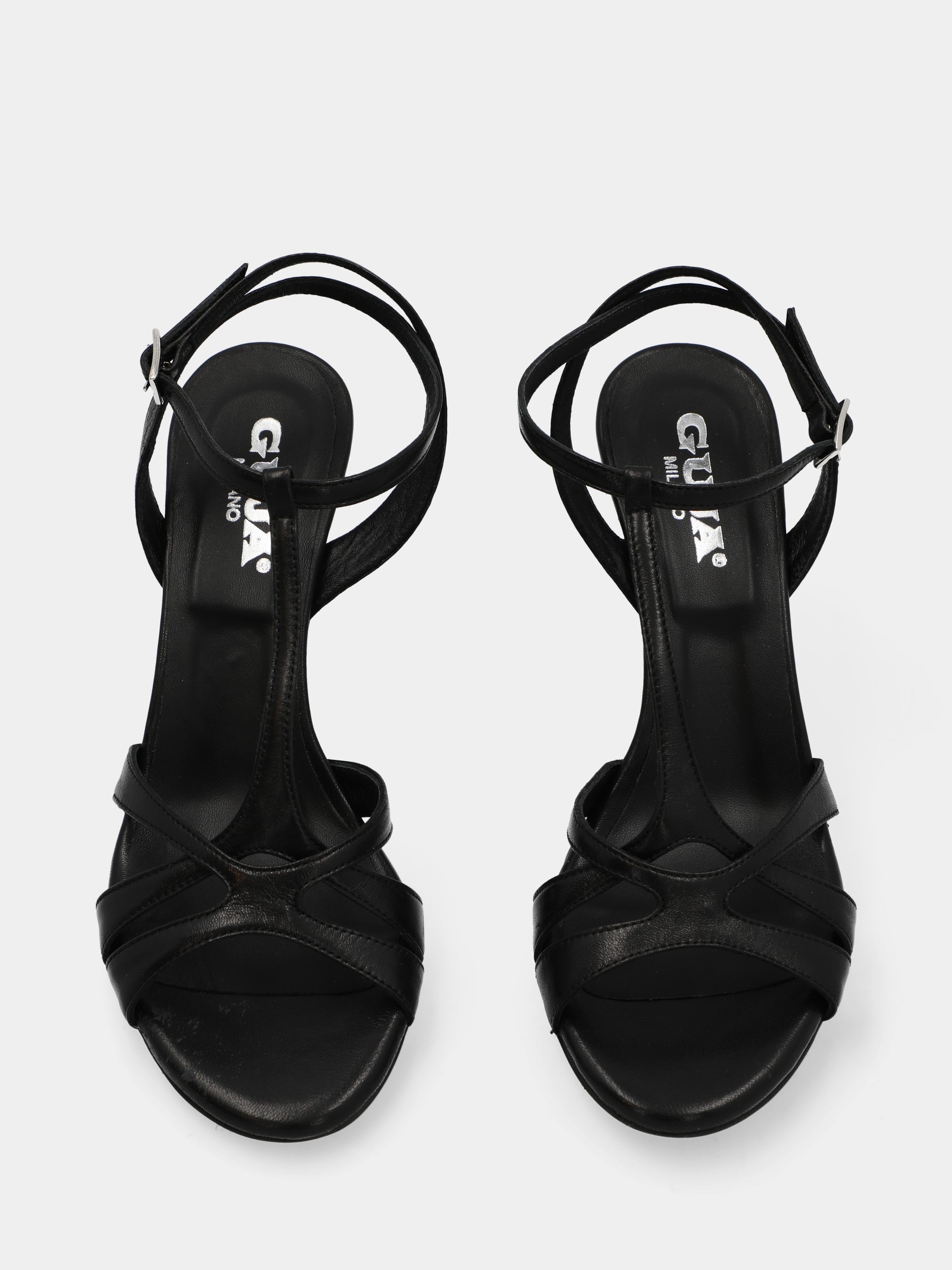 T-Riemchen-Sandalette aus schwarzem Nappaleder mit Kelchabsatz