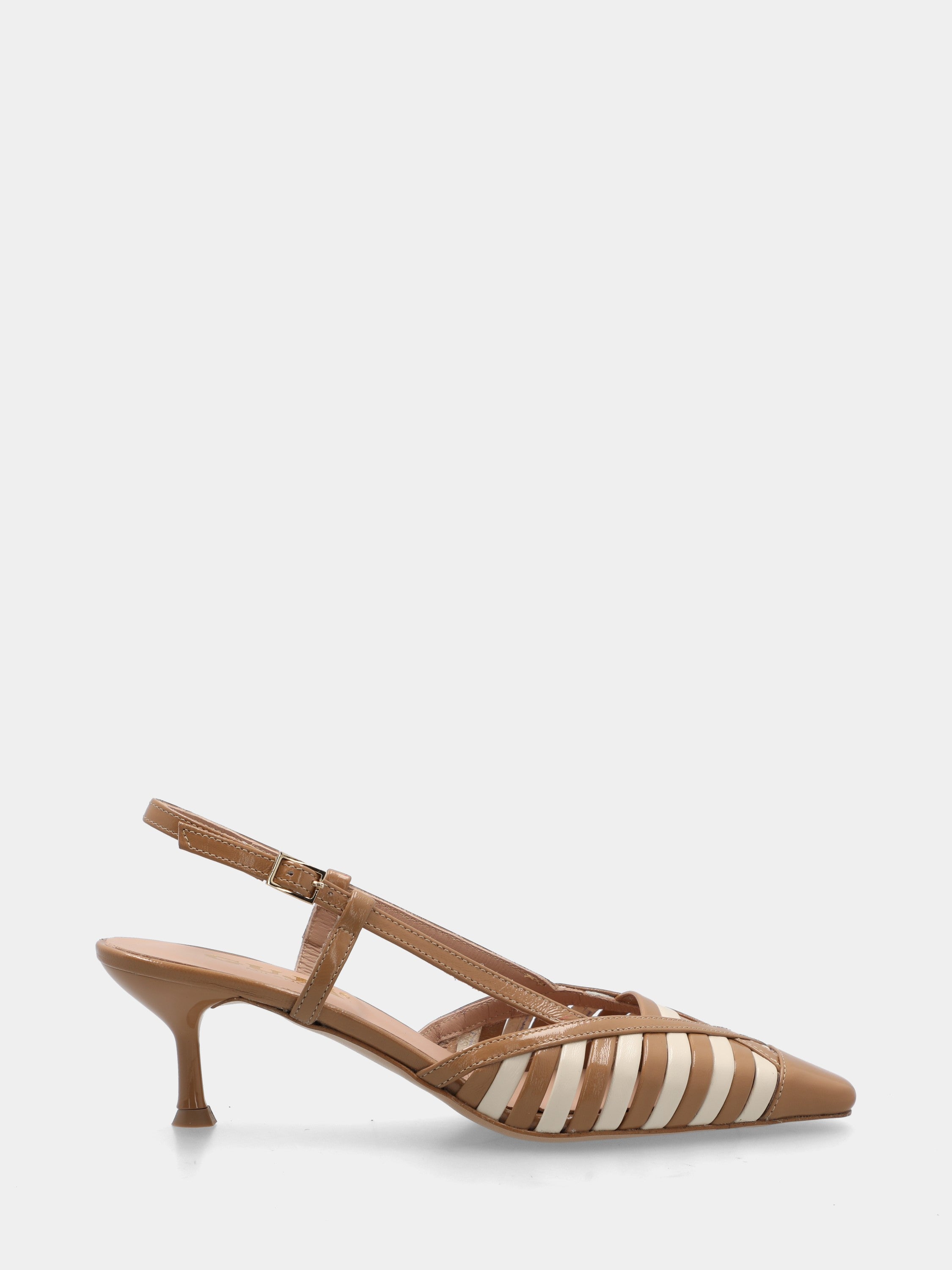 Slingback aus Lederlack in Cognac und Beige mit Kelchabsatz
