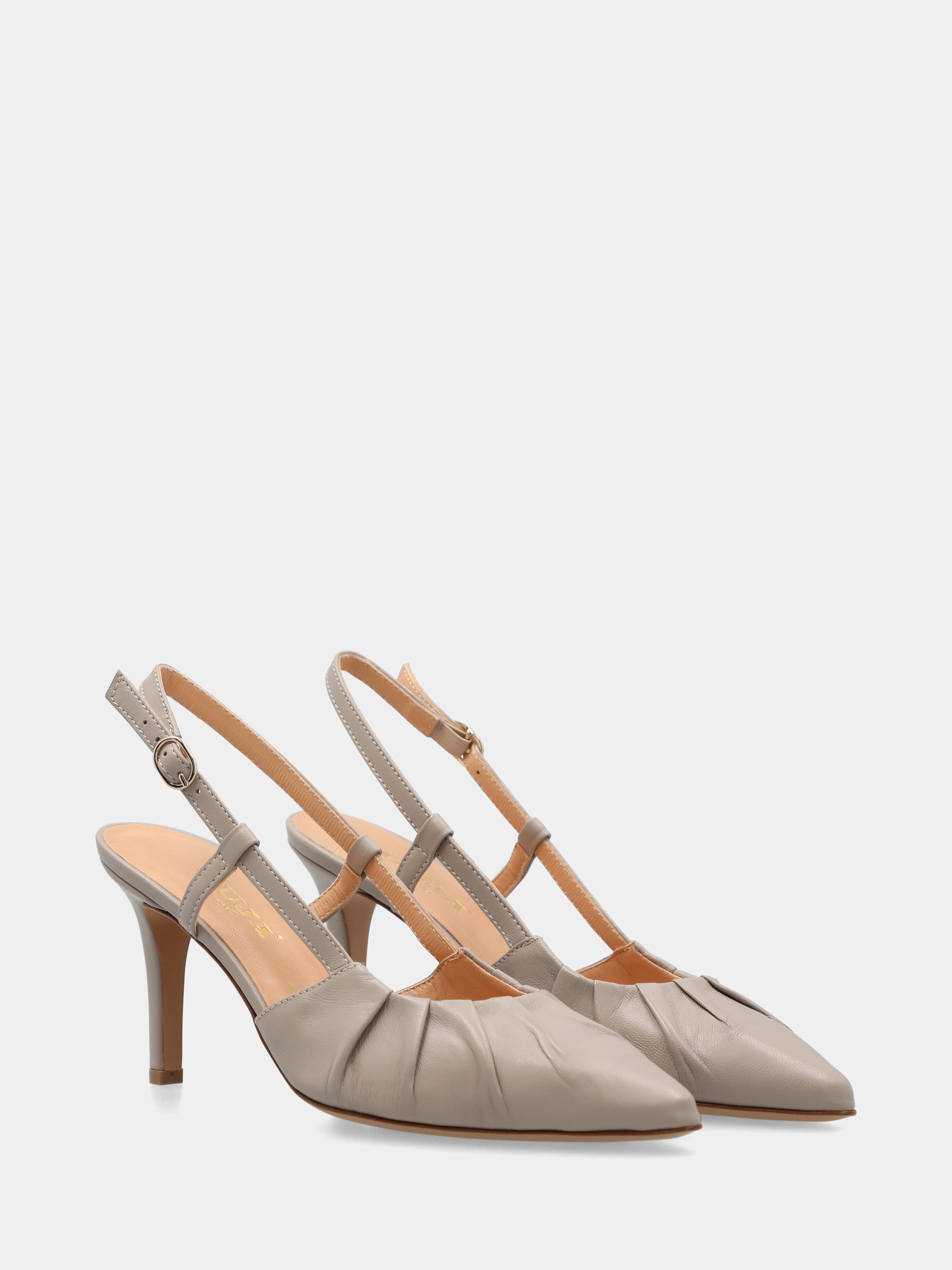 Slingback in nappa taupe a sacchetto con tacco a coda