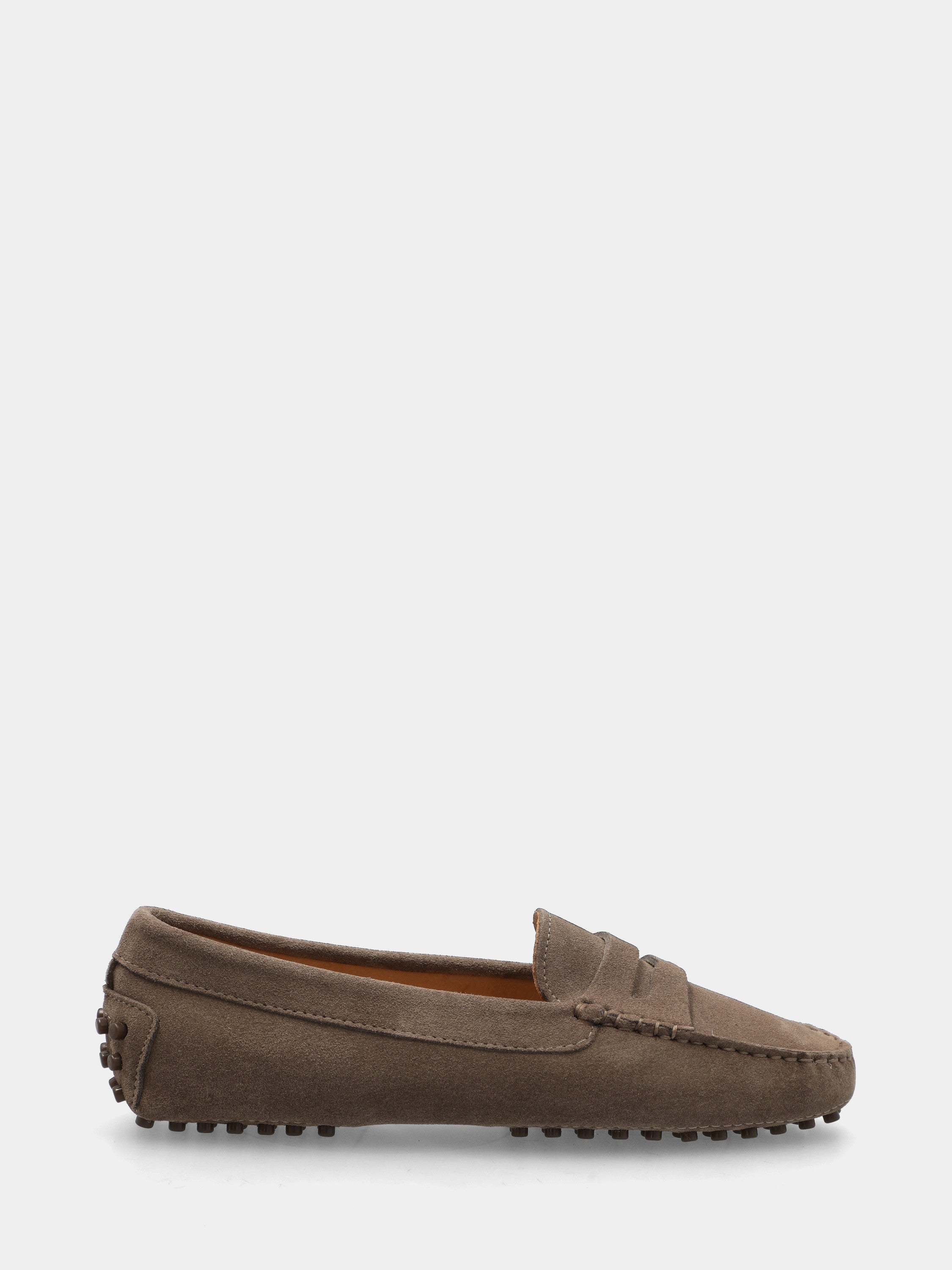 Mocassino flat in camoscio grigio con fondo a pallini