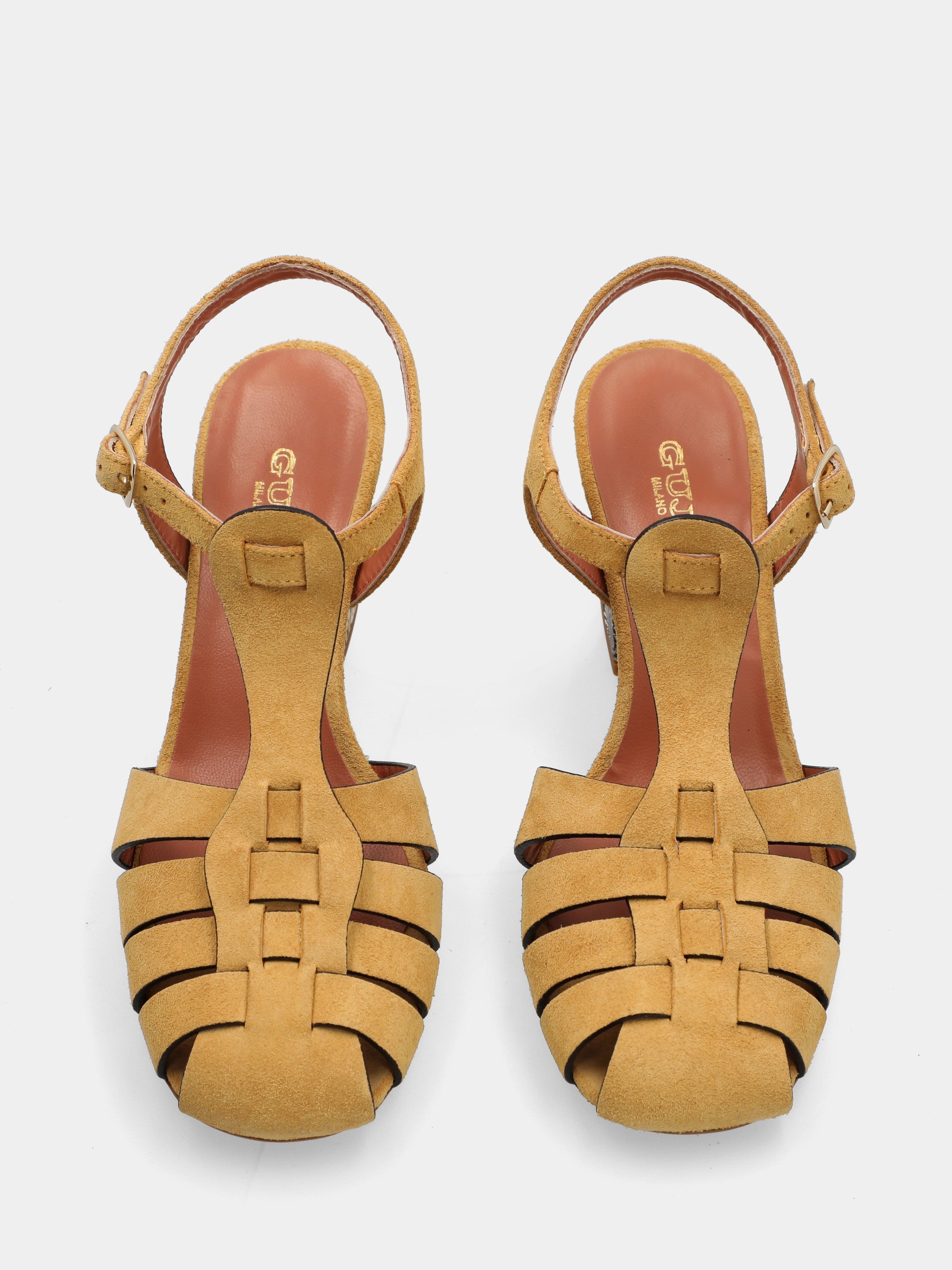 T-Bar-Sandalette aus Wildleder in Senfgelb mit 70mm Blockabsatz