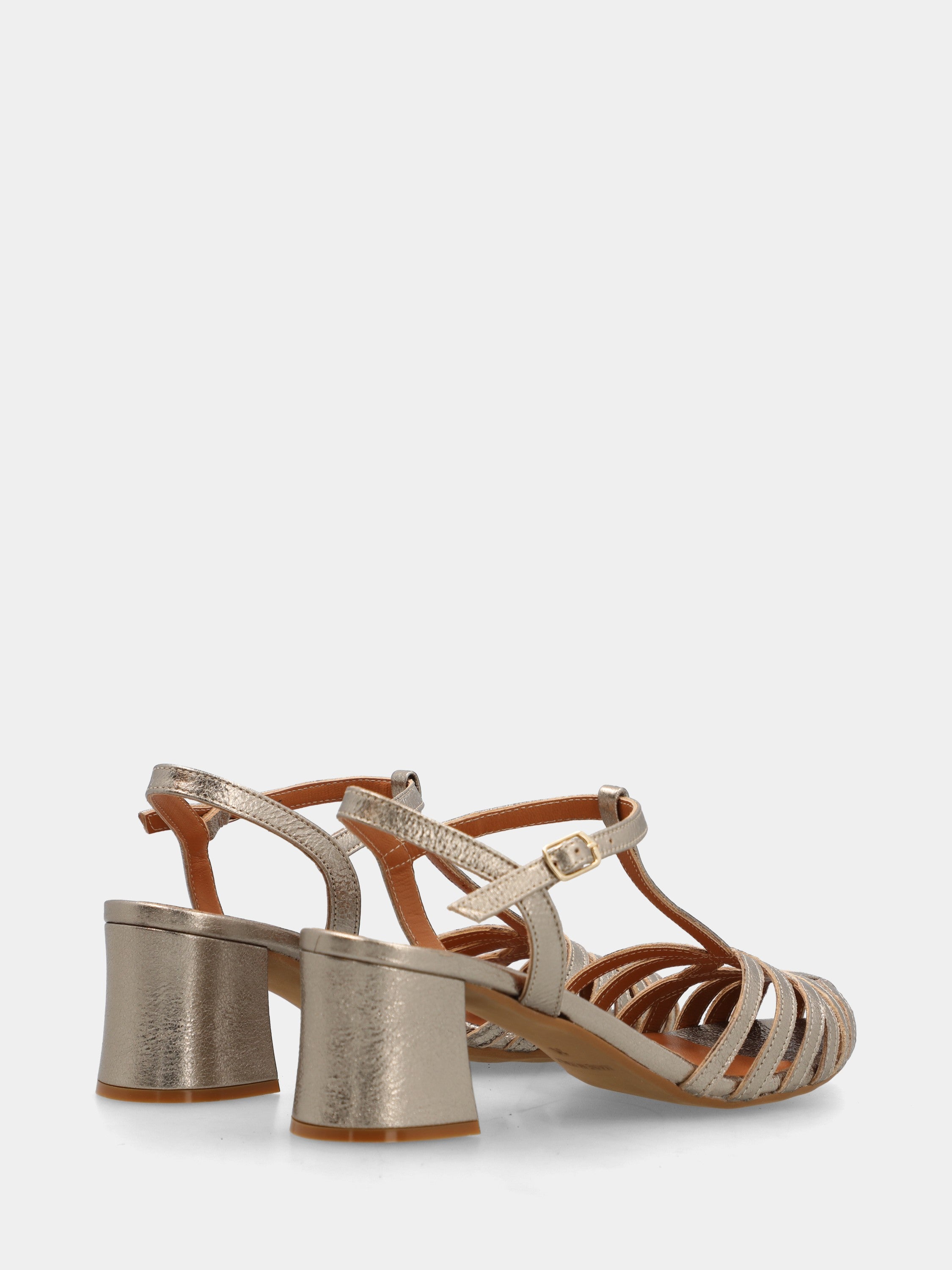Silver laminated sandal with curved straps and block heel