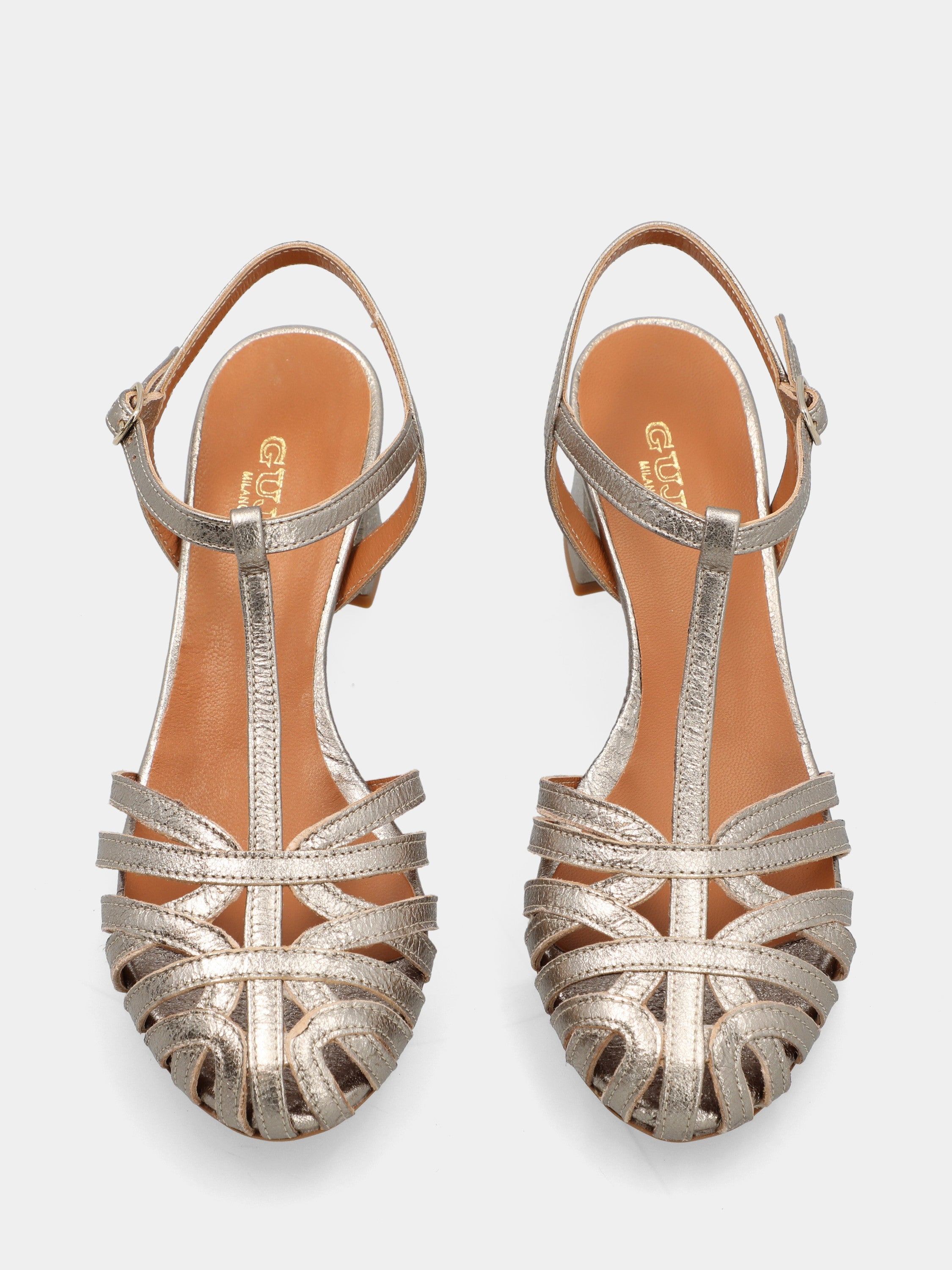 Silver laminated sandal with curved straps and block heel