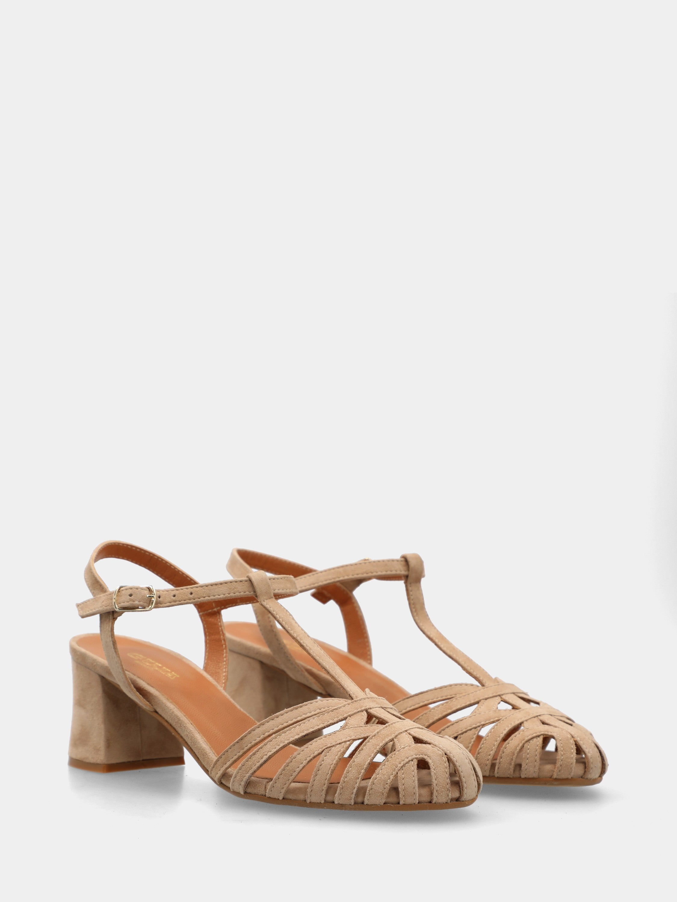 Beige calf leather sandal with curved straps and block heel
