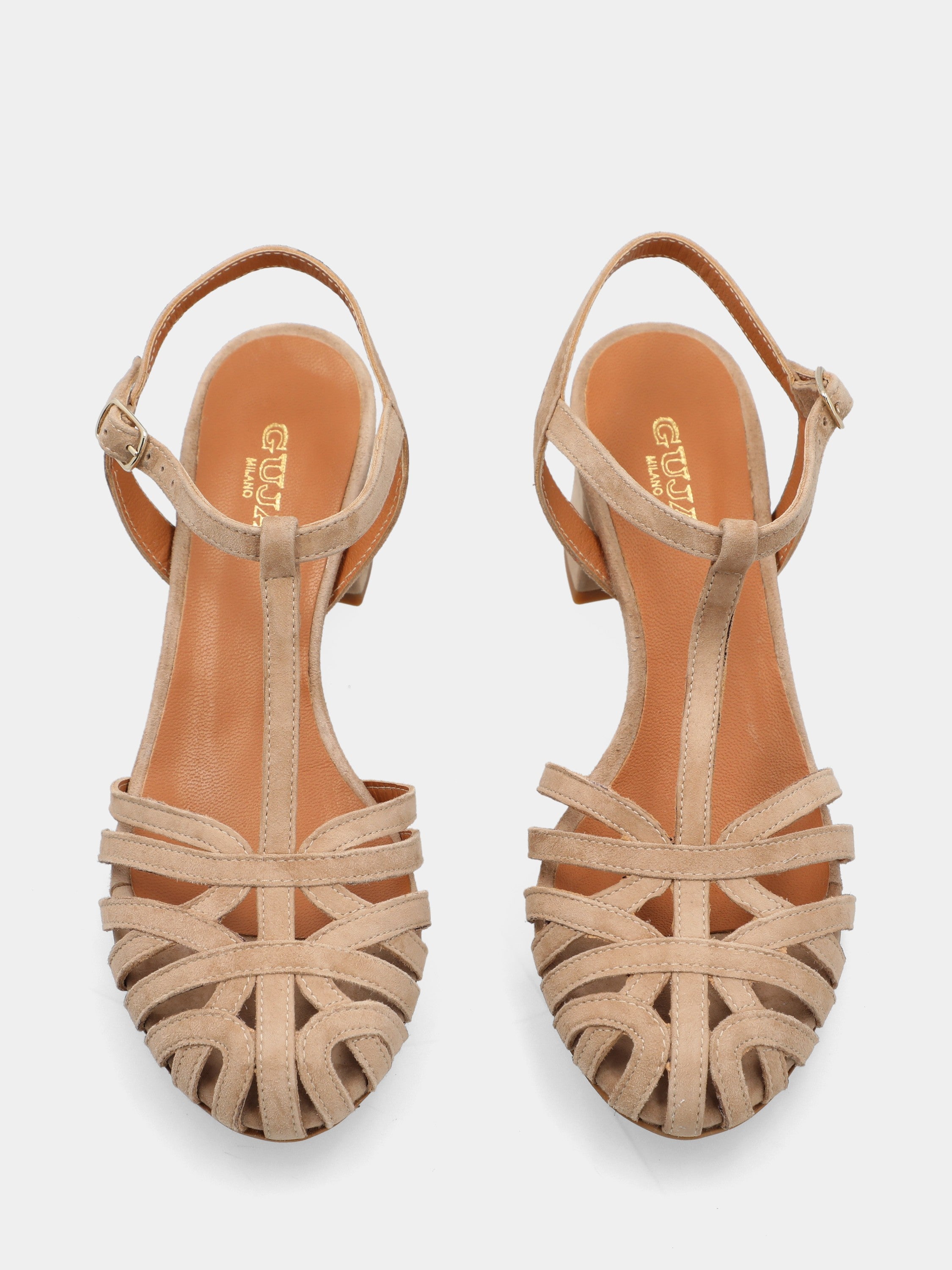 Beige calf leather sandal with curved straps and block heel