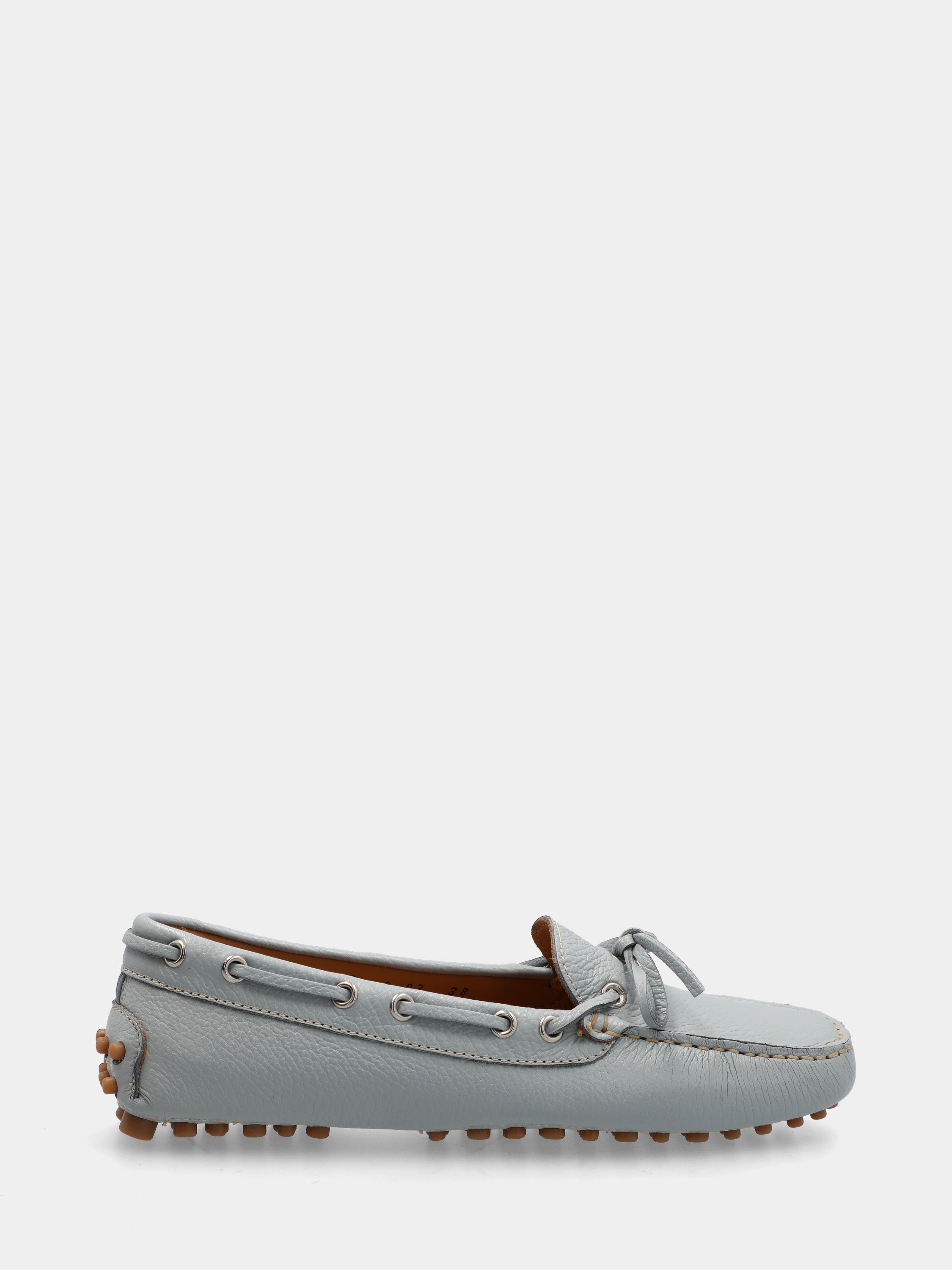 Light blue calfskin moccasins with dotted sole and leather lace